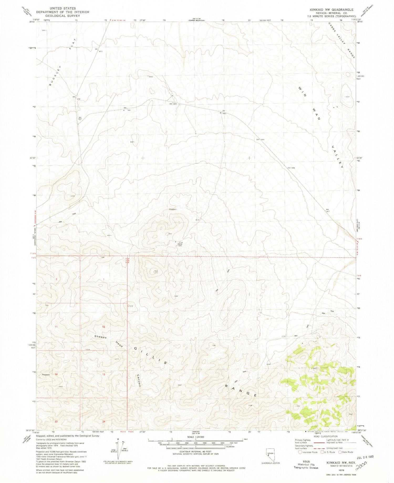 Classic USGS Kinkaid NW Nevada 7.5'x7.5' Topo Map Image