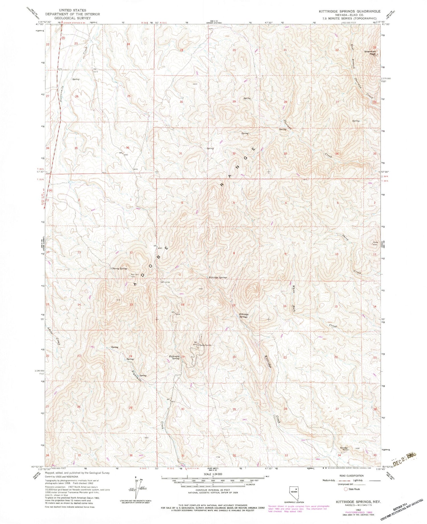 Classic USGS Kittridge Springs Nevada 7.5'x7.5' Topo Map Image