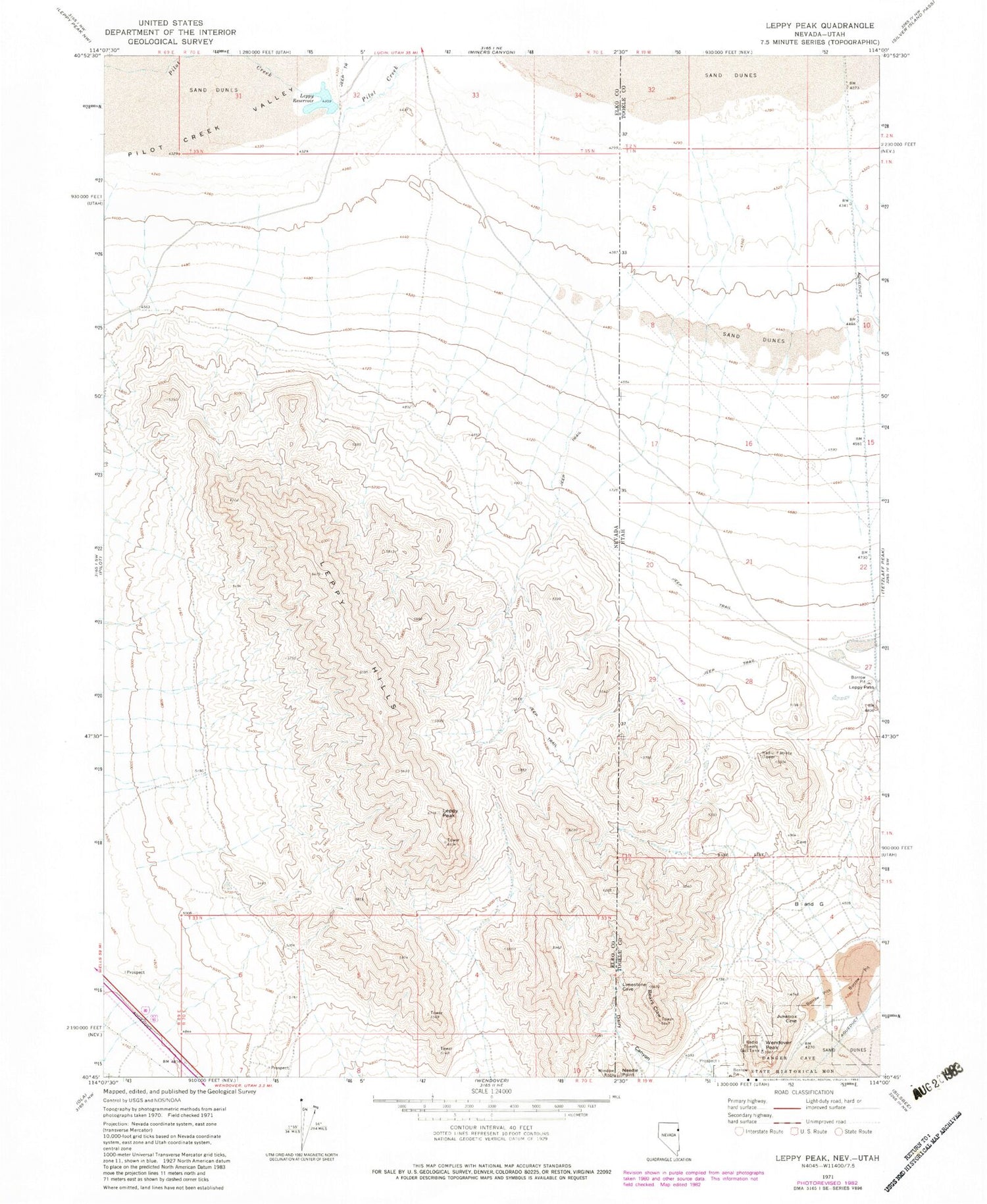 Classic USGS Leppy Peak Nevada 7.5'x7.5' Topo Map Image