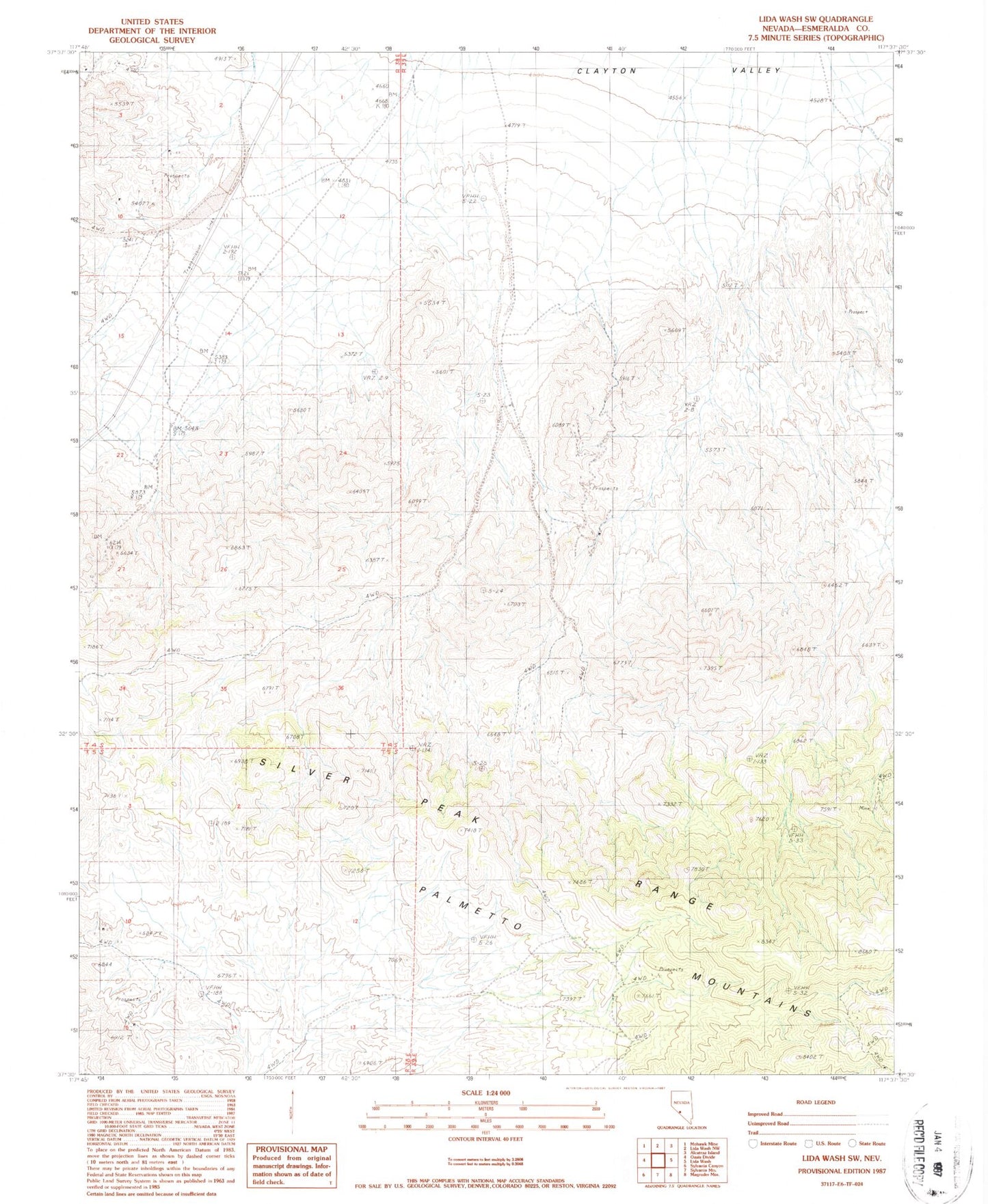 Classic USGS Lida Wash SW Nevada 7.5'x7.5' Topo Map Image