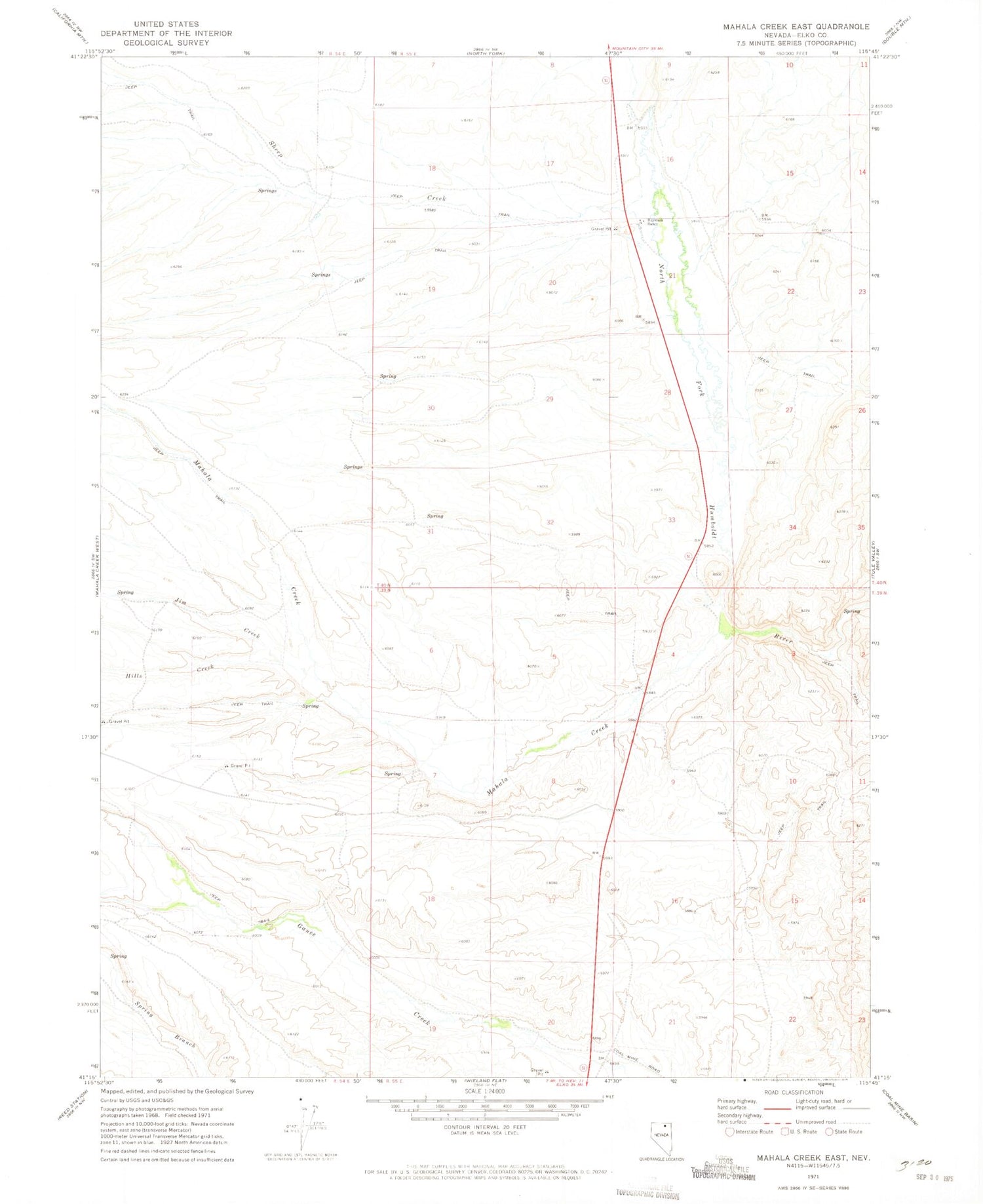Classic USGS Mahala Creek East Nevada 7.5'x7.5' Topo Map Image