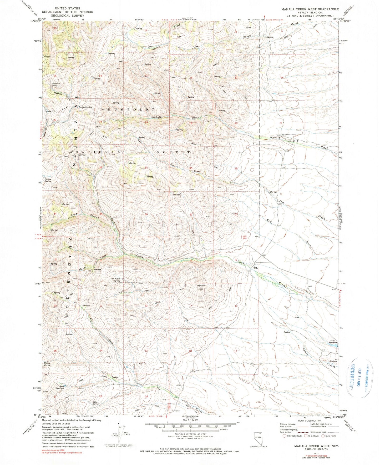 Classic USGS Mahala Creek West Nevada 7.5'x7.5' Topo Map Image
