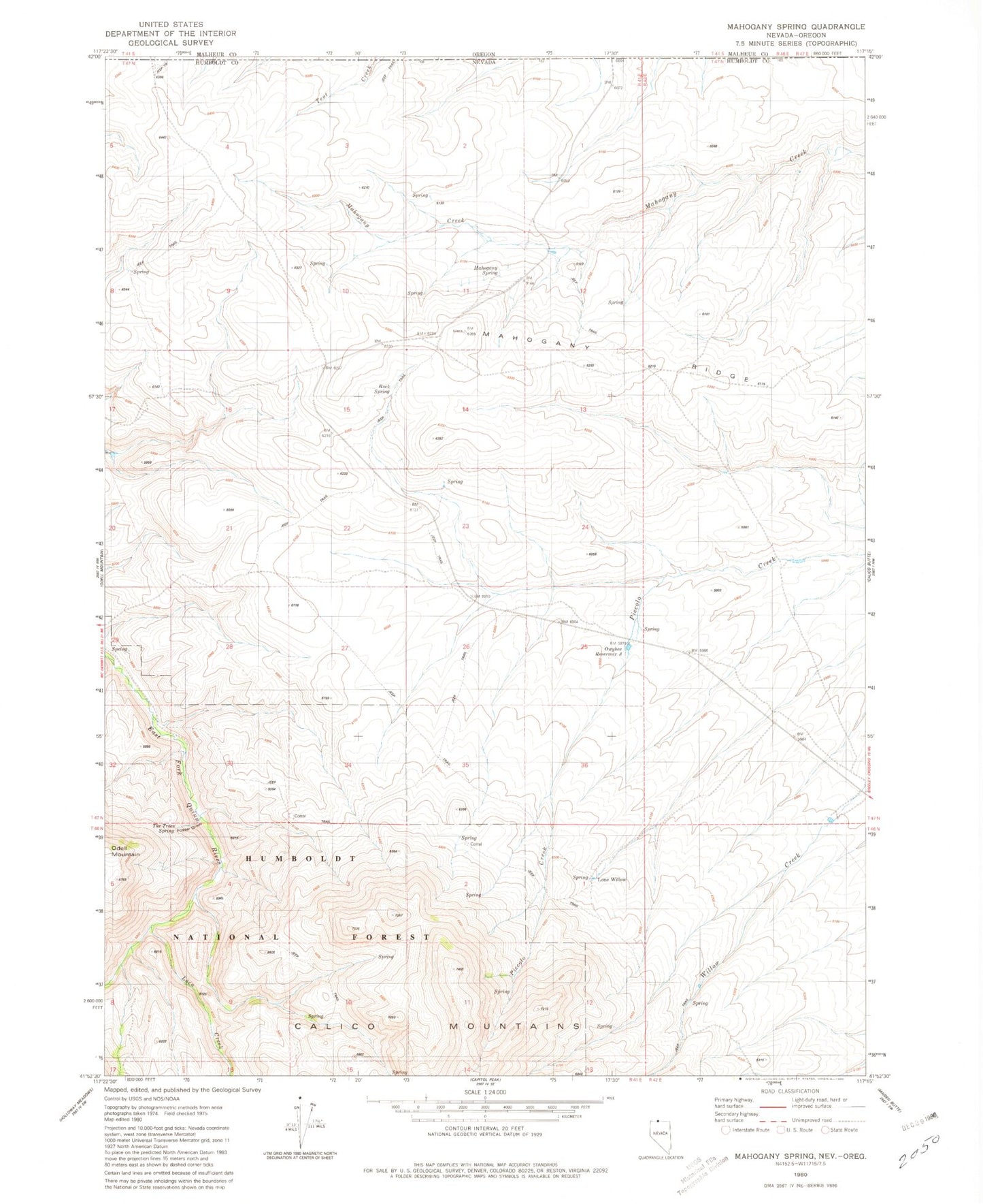 Classic USGS Mahogany Spring Nevada 7.5'x7.5' Topo Map Image