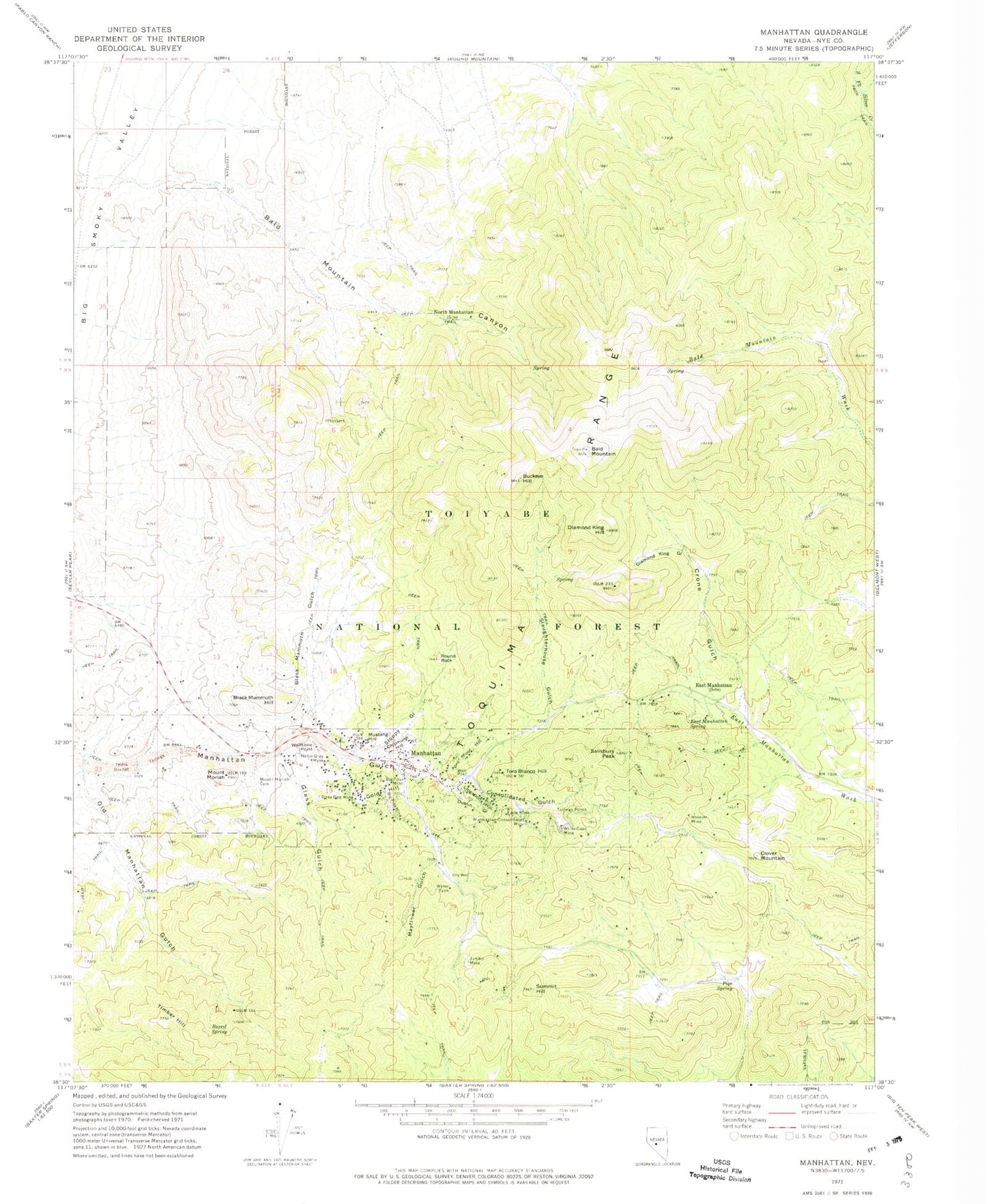 Classic USGS Manhattan Nevada 7.5'x7.5' Topo Map Image