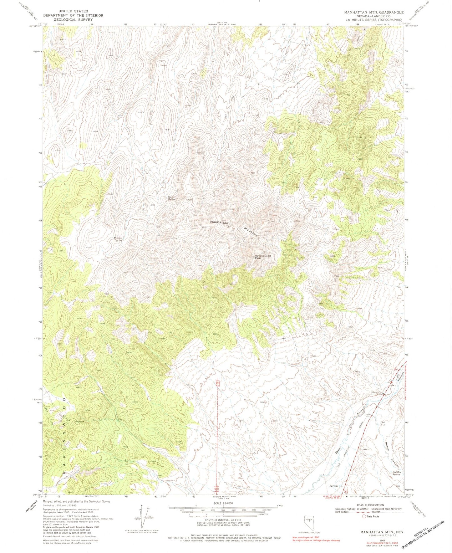 Classic USGS Manhattan Mountain Nevada 7.5'x7.5' Topo Map Image