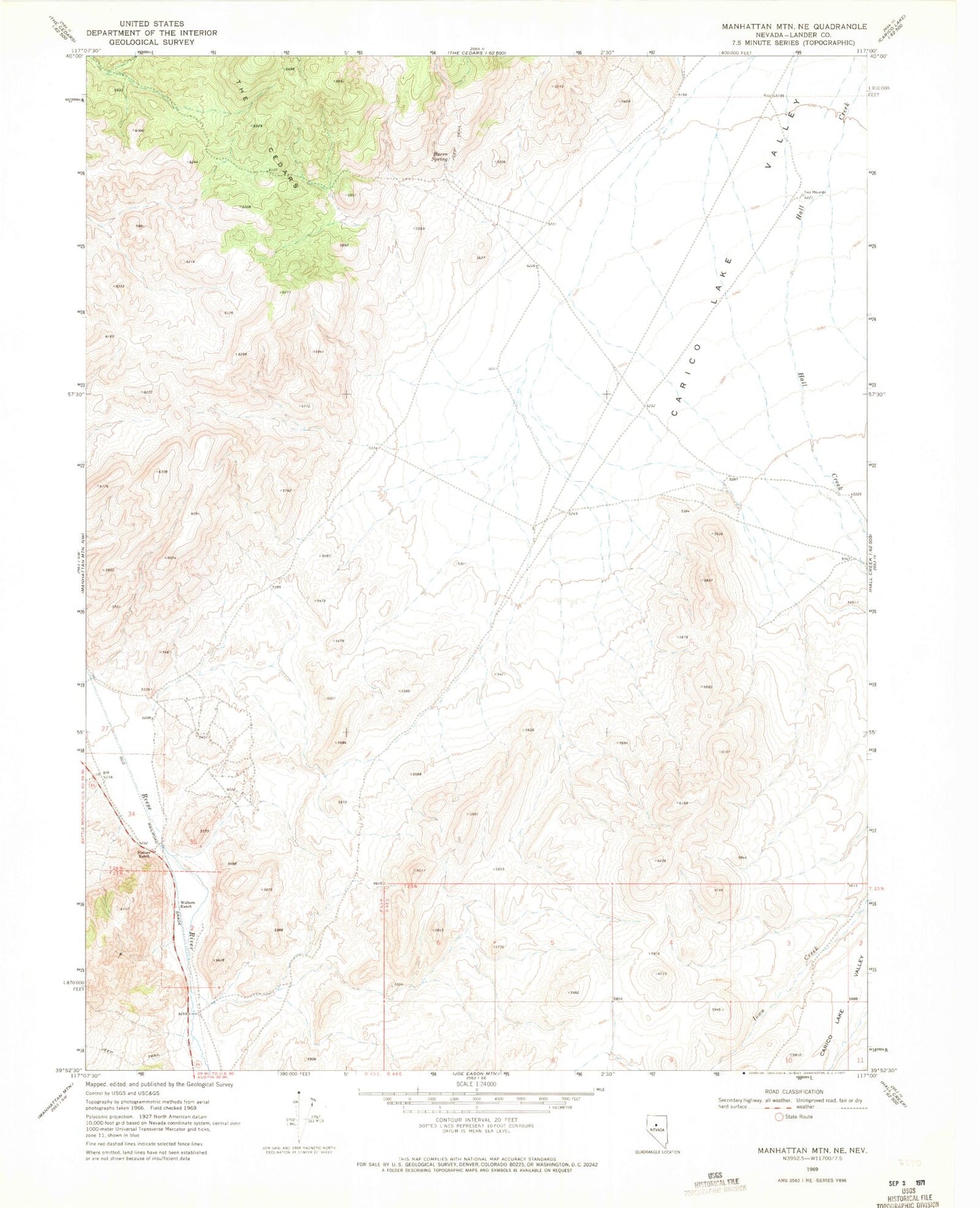 Classic USGS Manhattan Mountain NE Nevada 7.5'x7.5' Topo Map Image