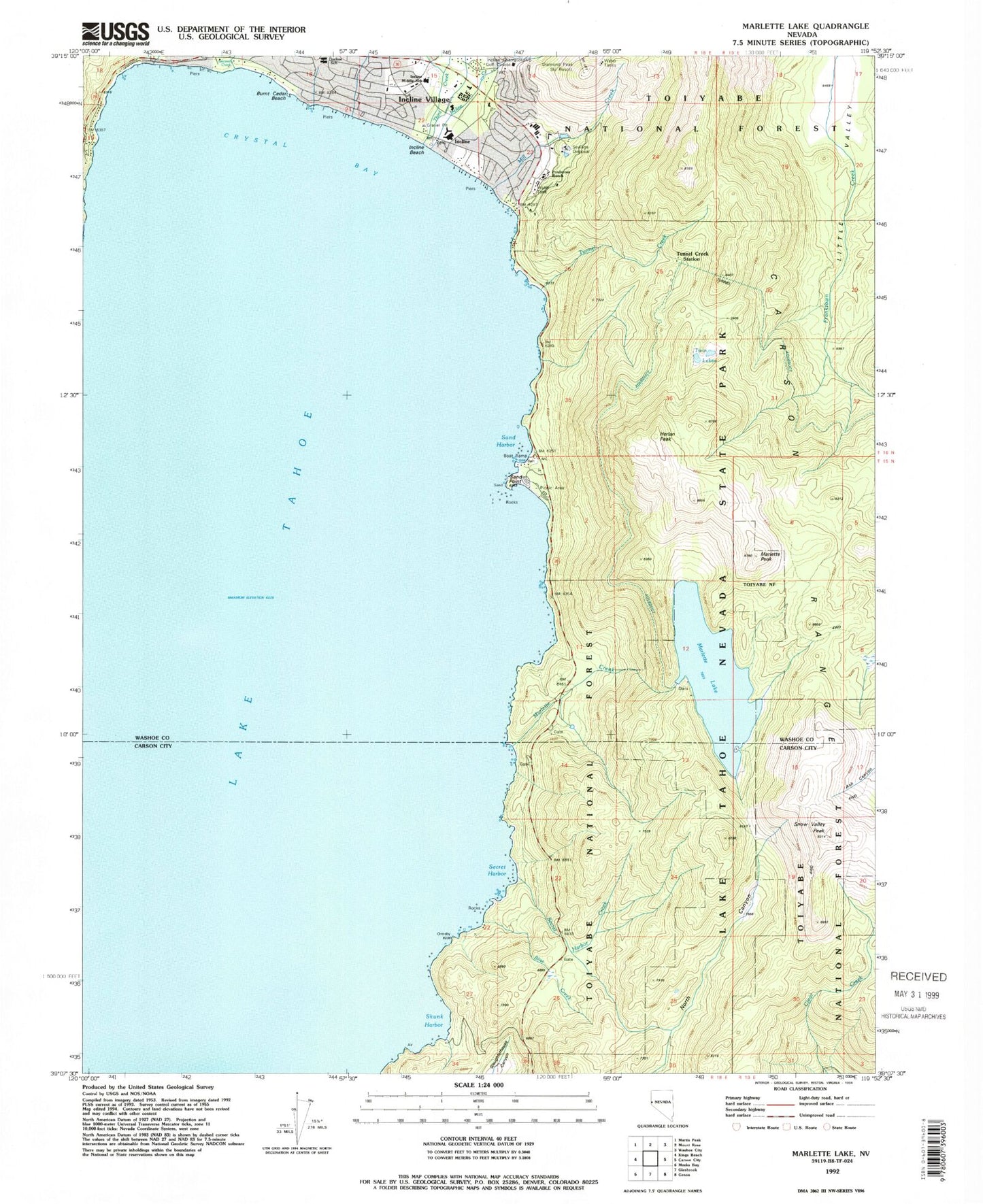 Classic USGS Marlette Lake Nevada 7.5'x7.5' Topo Map Image
