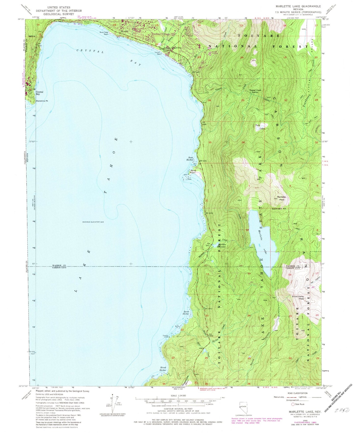 Classic USGS Marlette Lake Nevada 7.5'x7.5' Topo Map Image