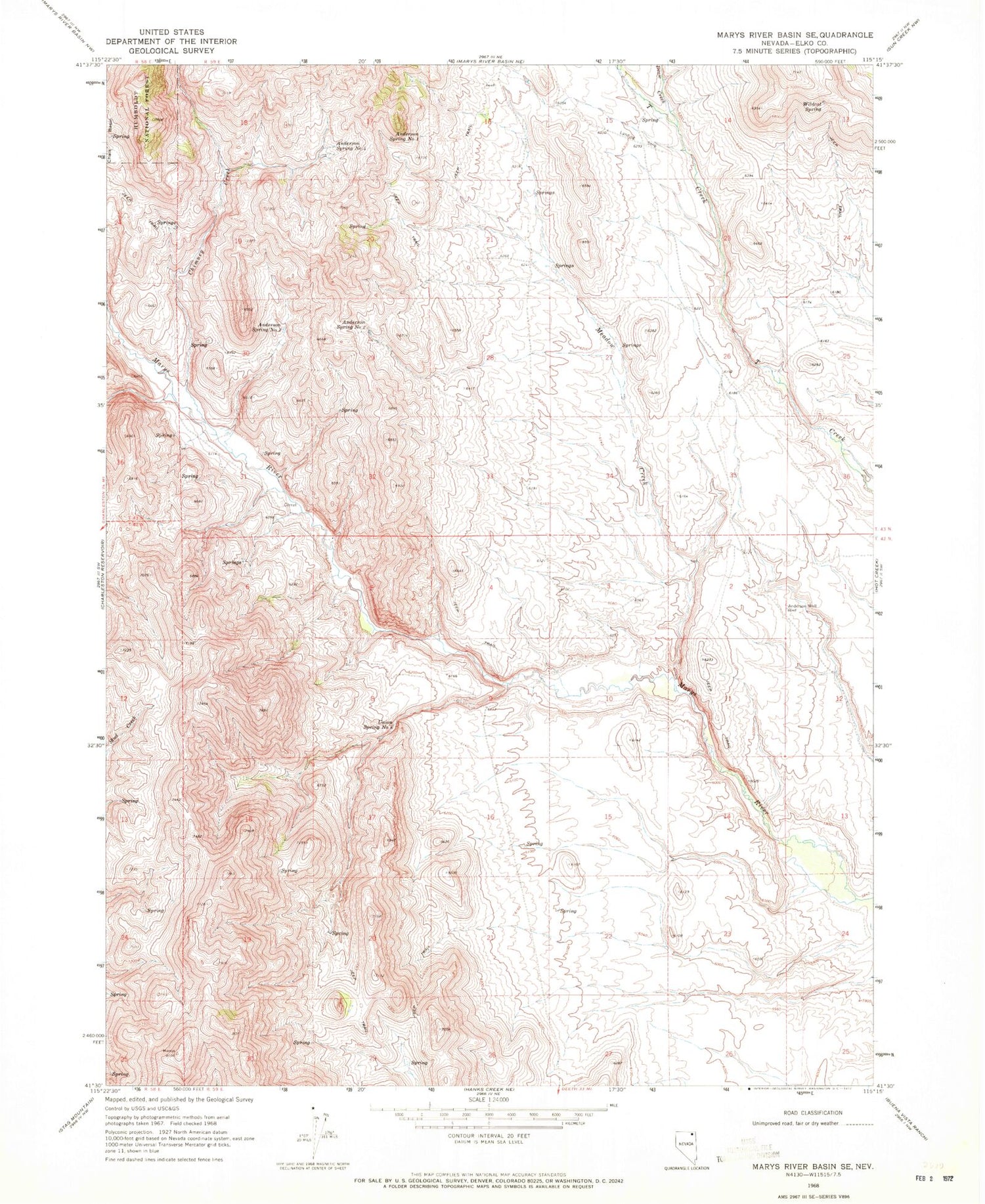 Classic USGS Marys River Basin SE Nevada 7.5'x7.5' Topo Map Image