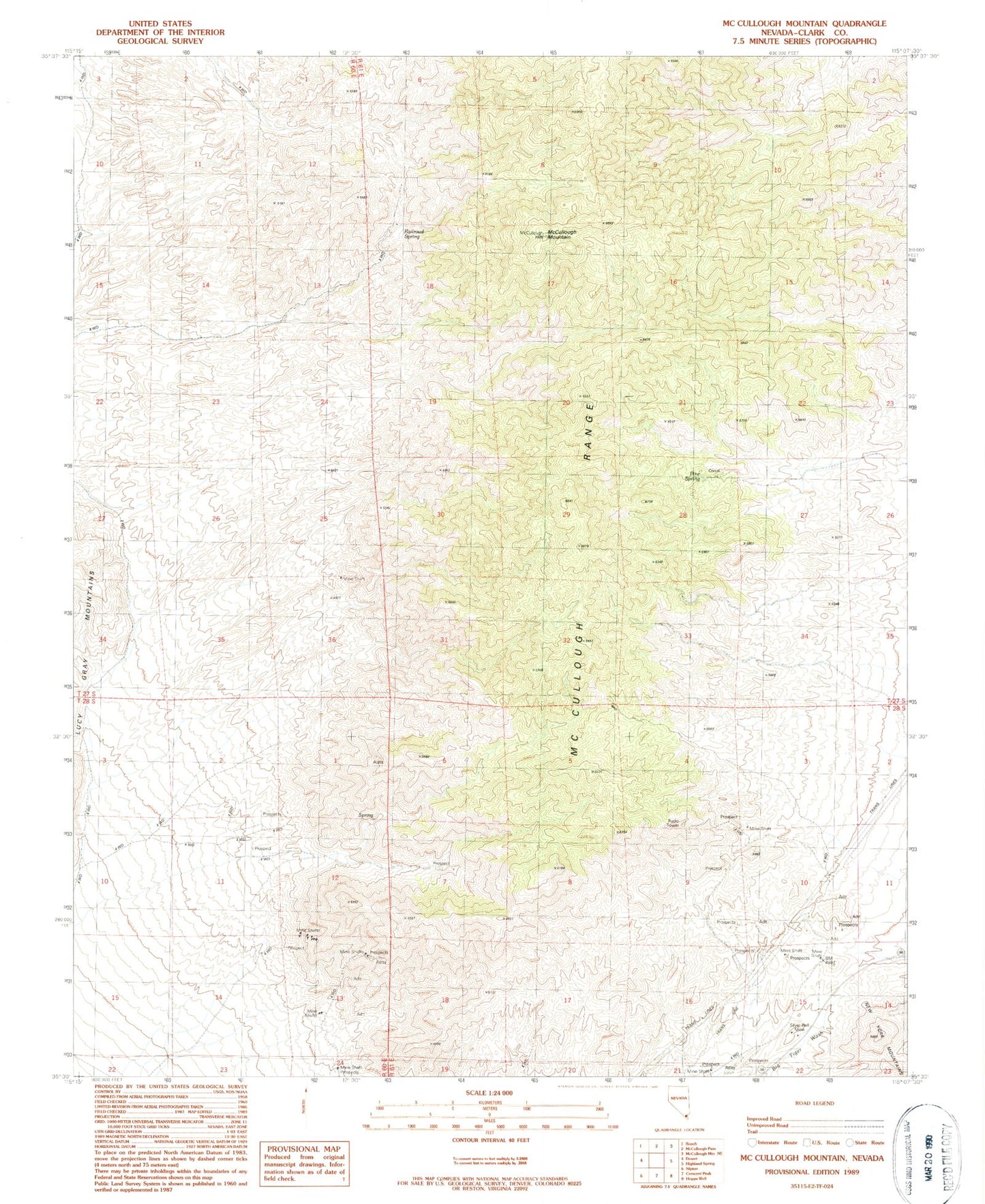 Classic USGS McCullough Mountain Nevada 7.5'x7.5' Topo Map Image