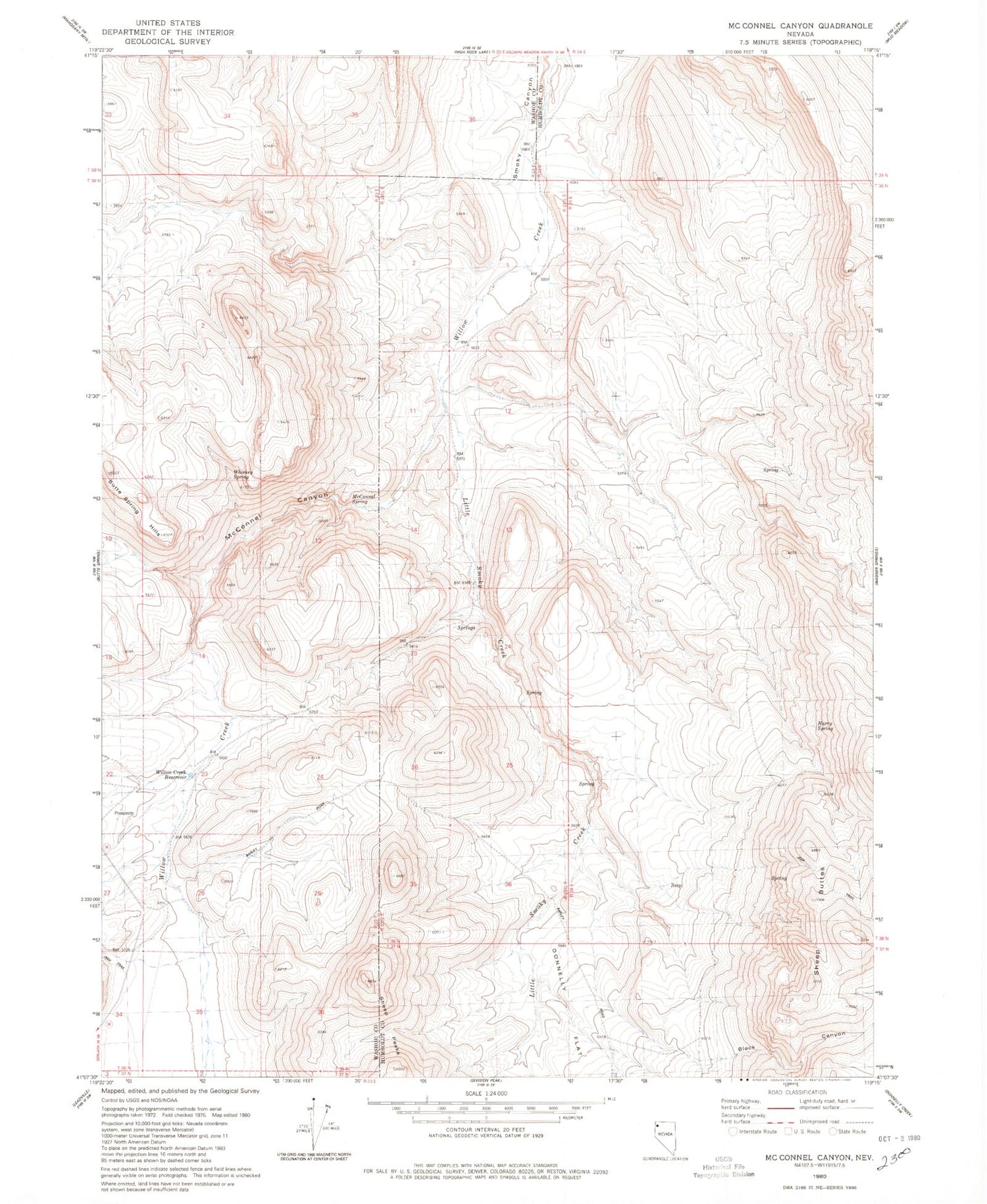 Classic USGS McConnel Canyon Nevada 7.5'x7.5' Topo Map Image