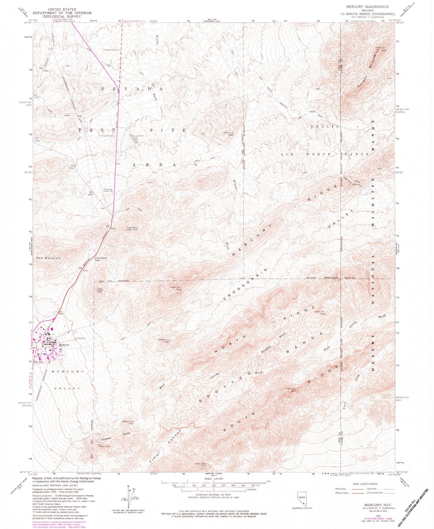 Classic USGS Mercury Nevada 7.5'x7.5' Topo Map Image