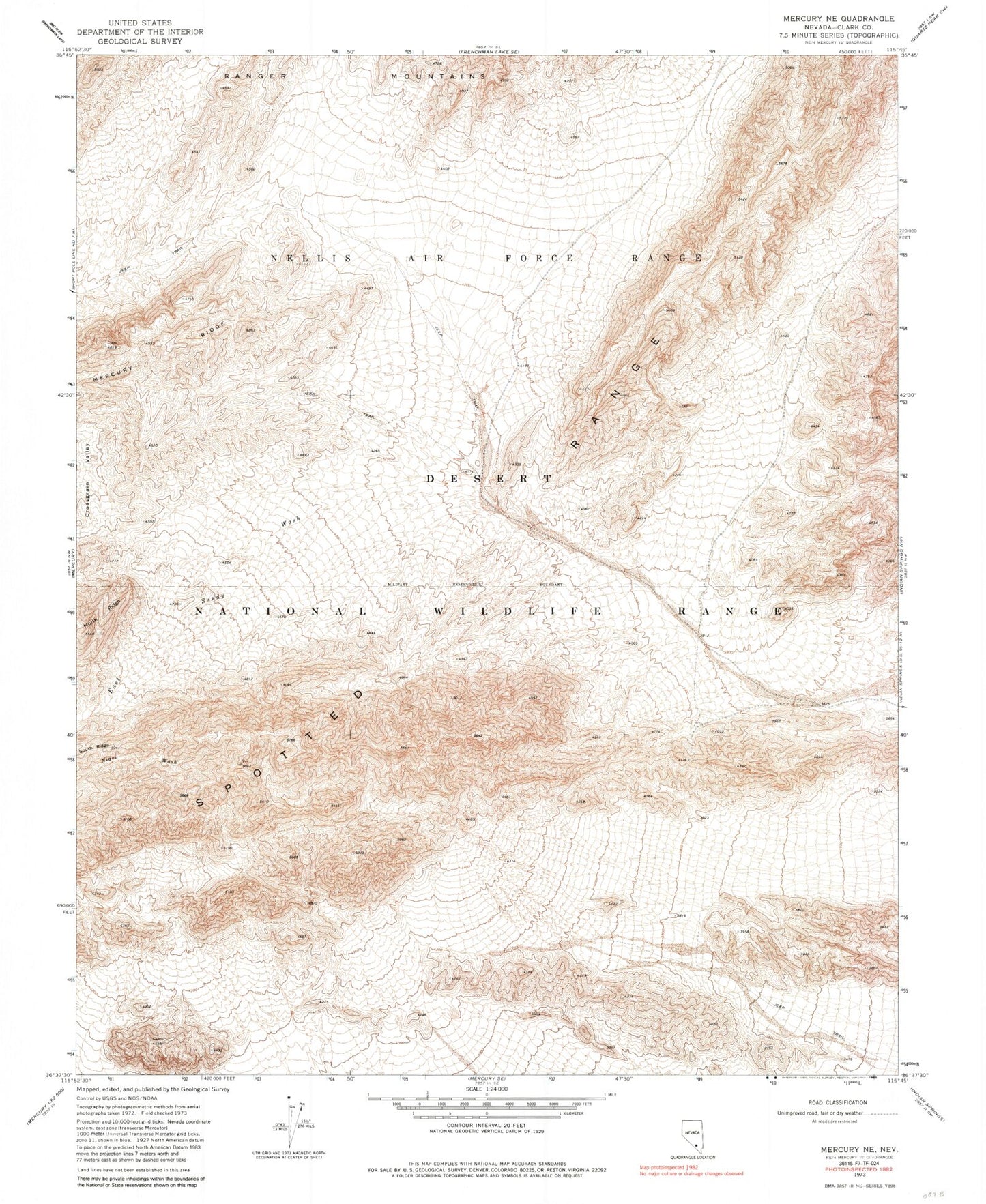 Classic USGS Mercury NE Nevada 7.5'x7.5' Topo Map Image