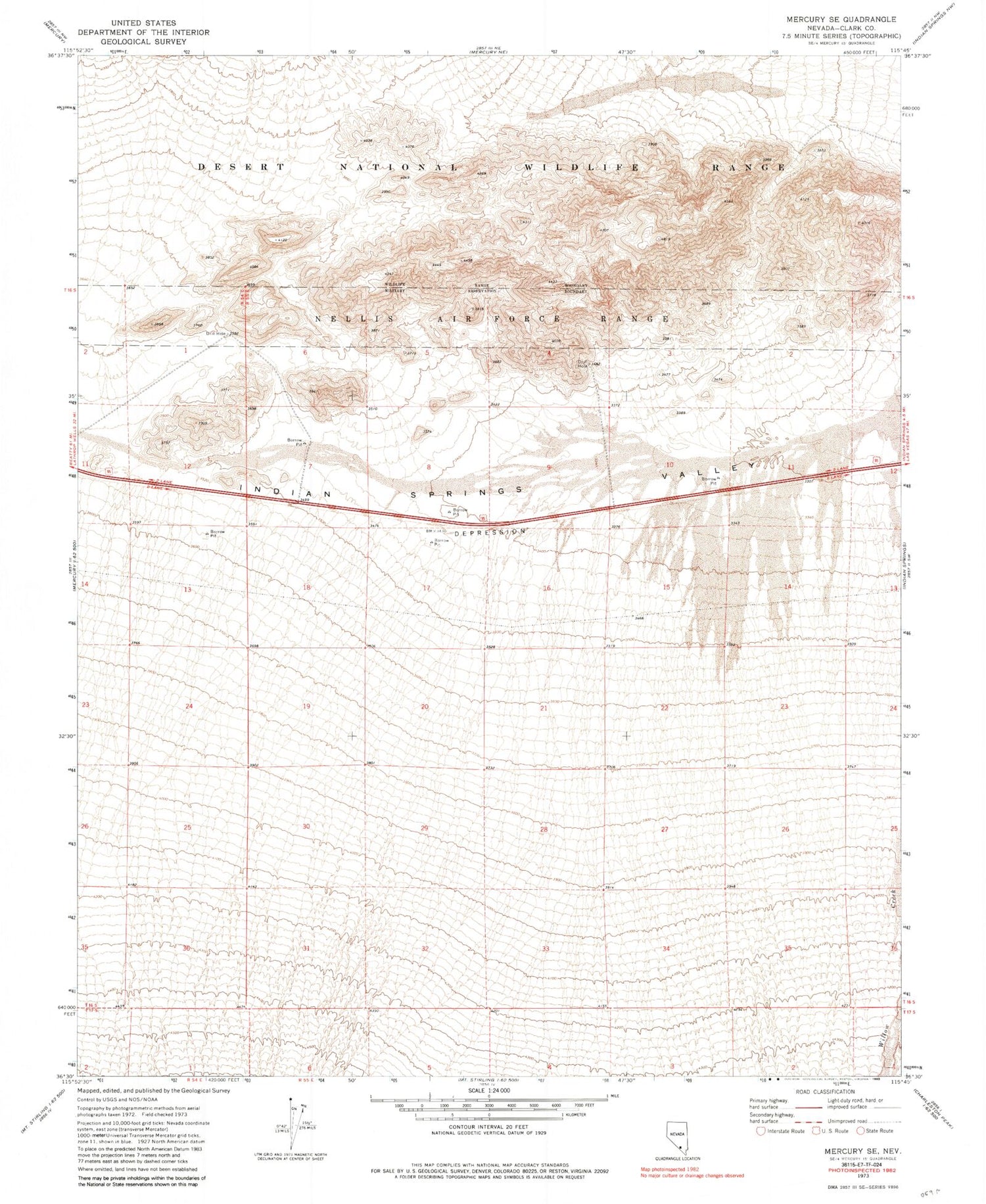 Classic USGS Mercury SE Nevada 7.5'x7.5' Topo Map Image