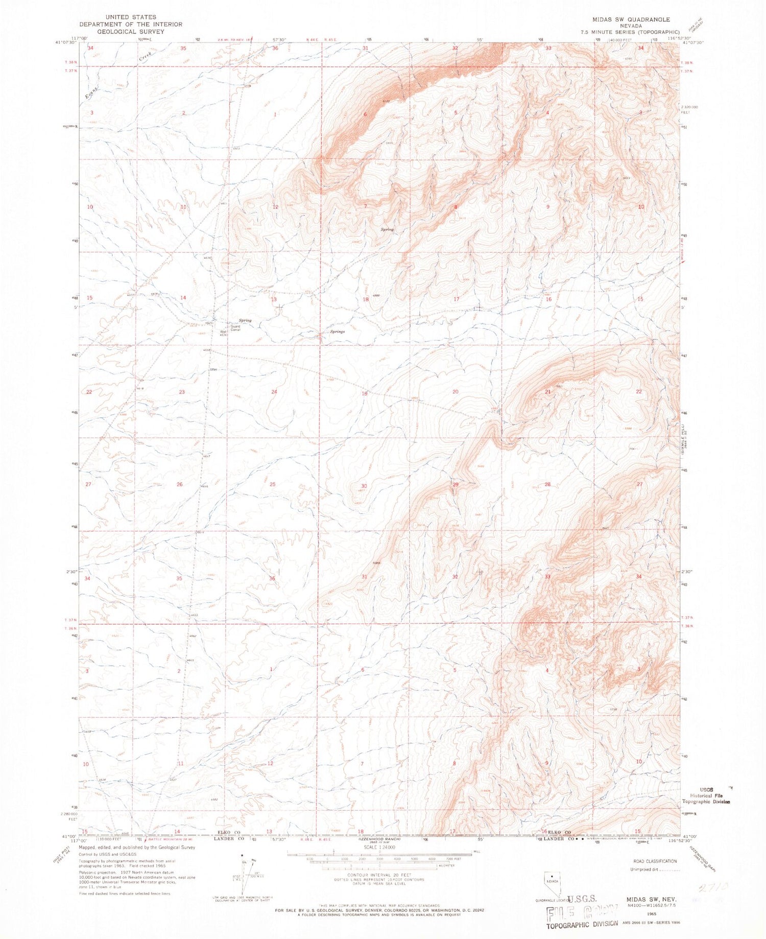 Classic USGS Midas SW Nevada 7.5'x7.5' Topo Map Image