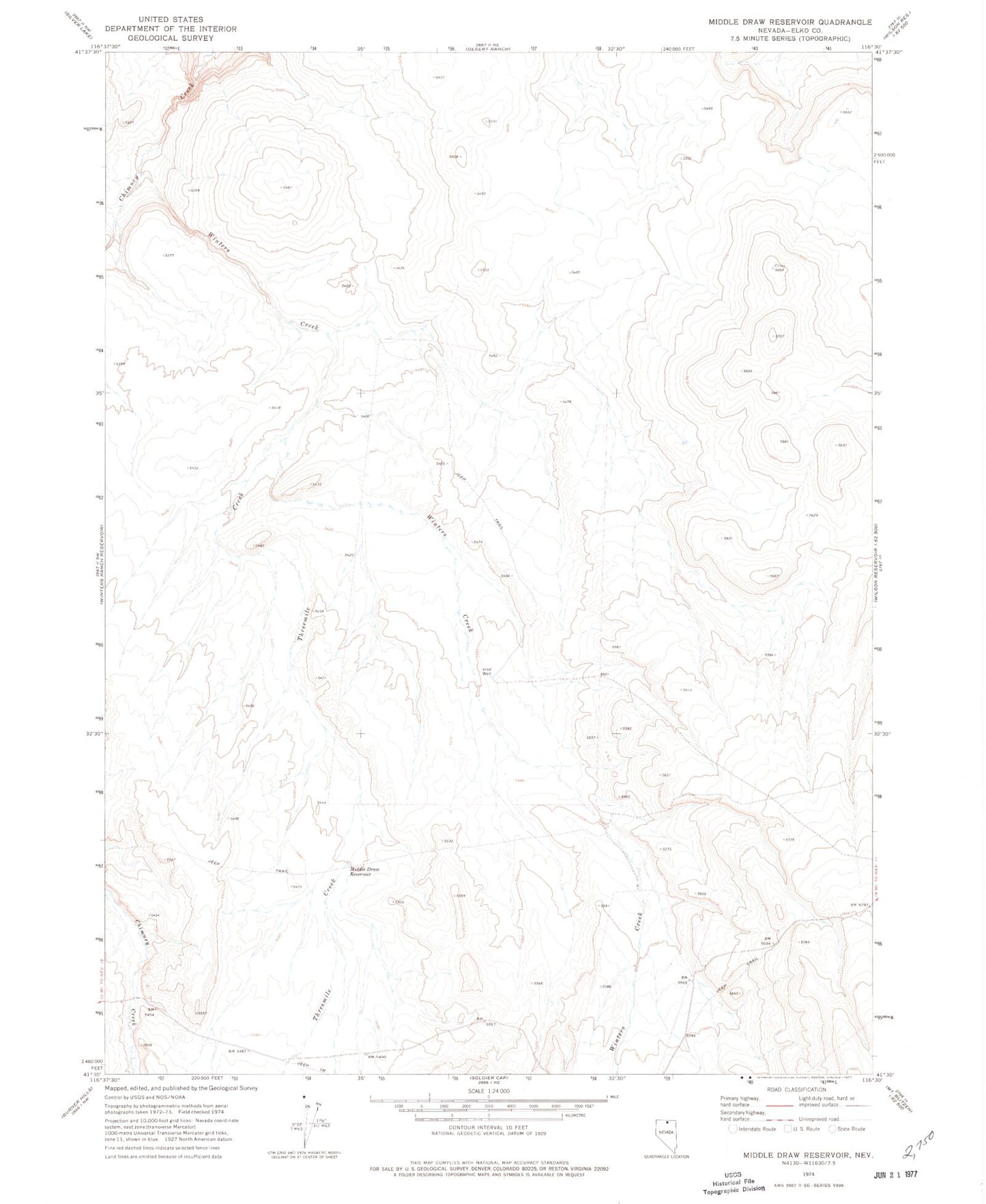Classic USGS Middle Draw Reservoir Nevada 7.5'x7.5' Topo Map Image