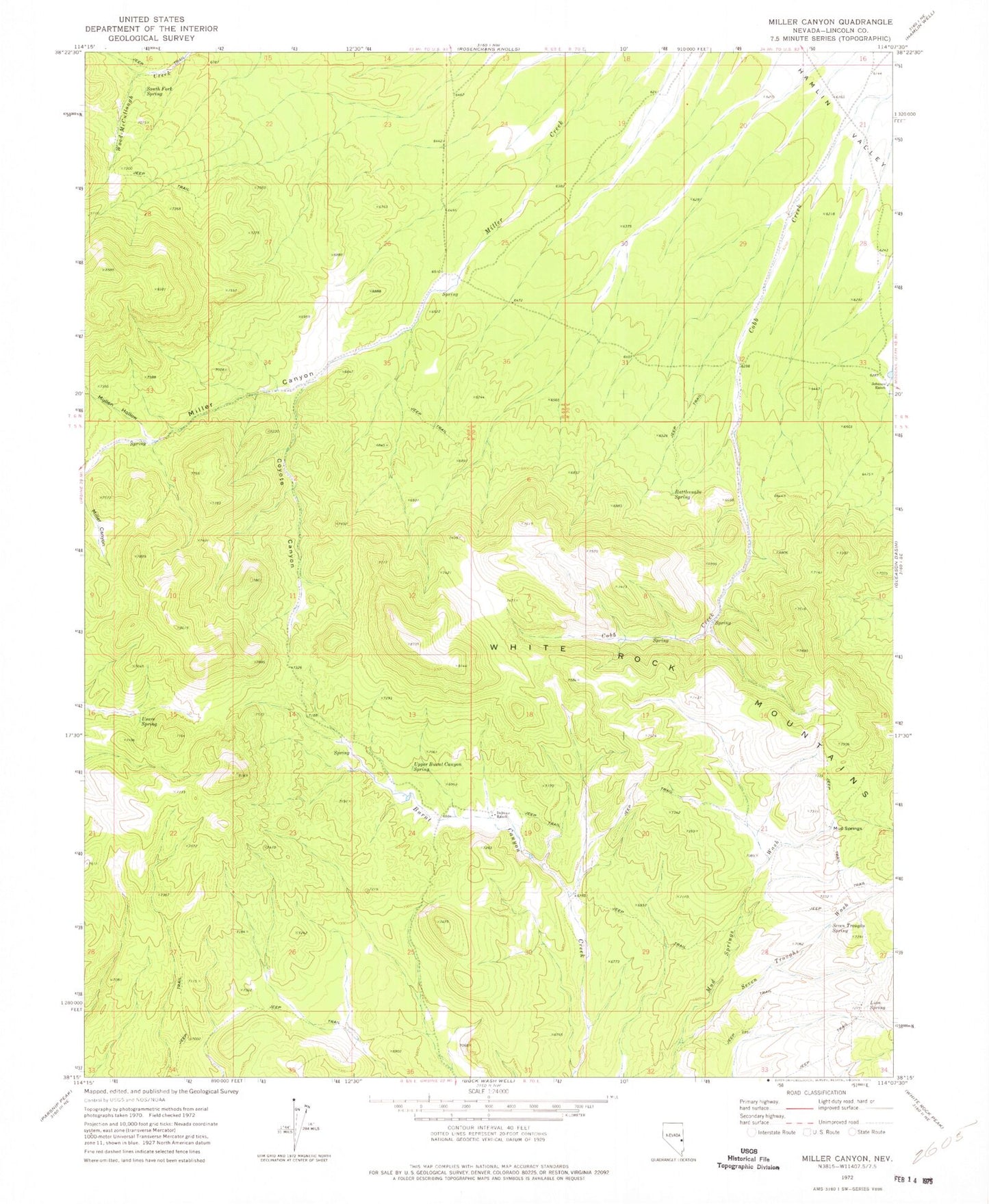 Classic USGS Miller Canyon Nevada 7.5'x7.5' Topo Map Image