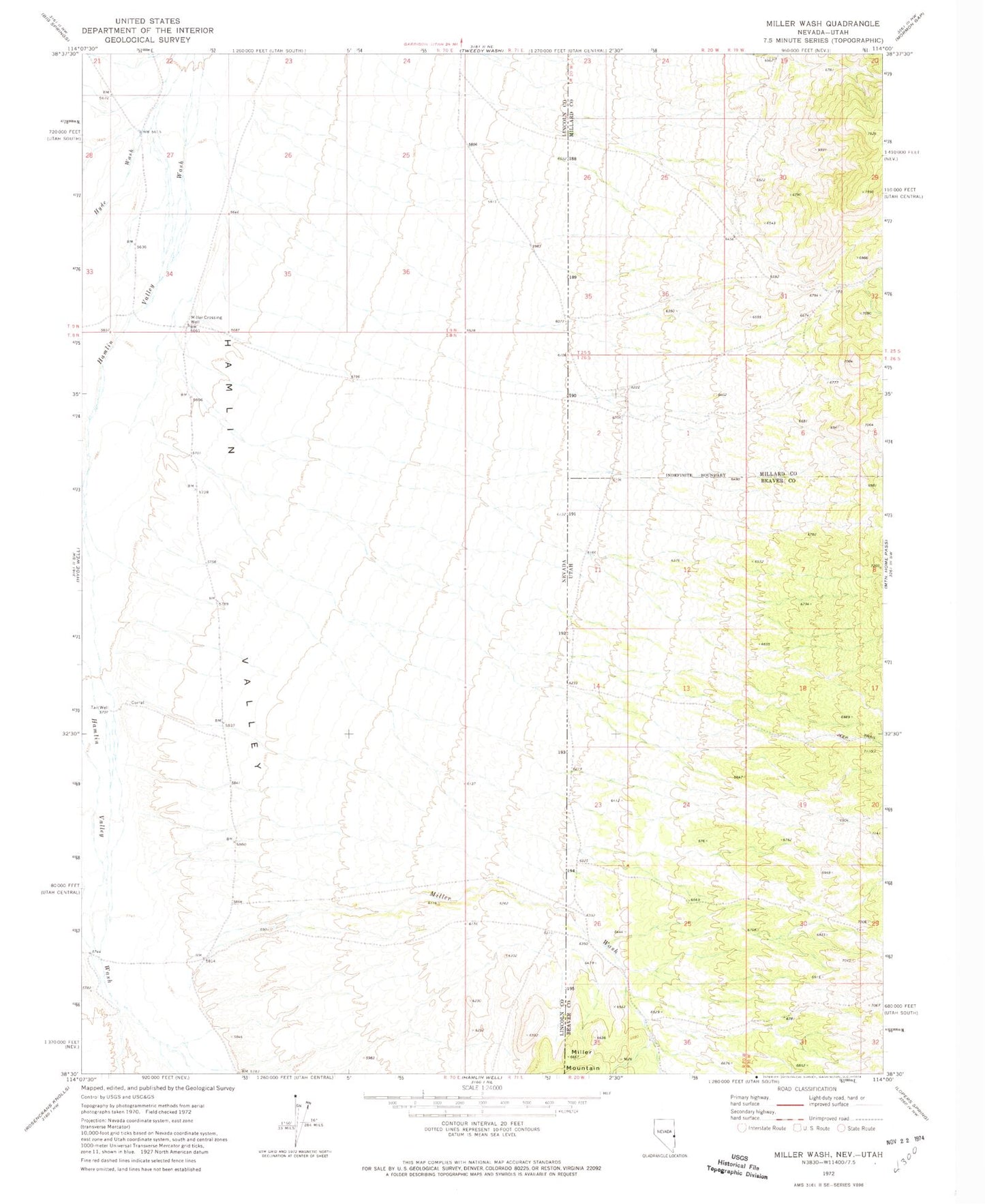 Classic USGS Miller Wash Nevada 7.5'x7.5' Topo Map Image