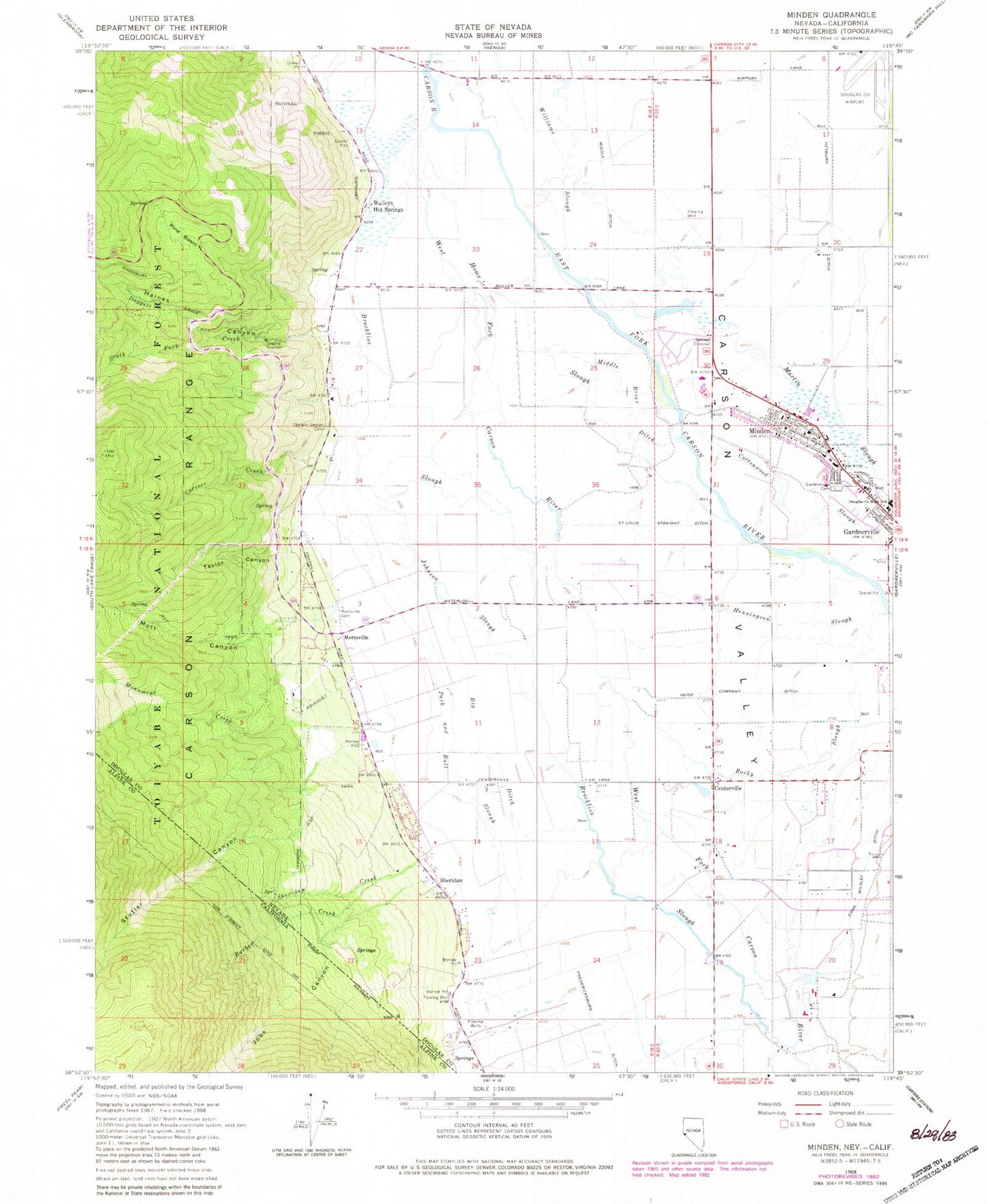 Classic USGS Minden Nevada 7.5'x7.5' Topo Map Image