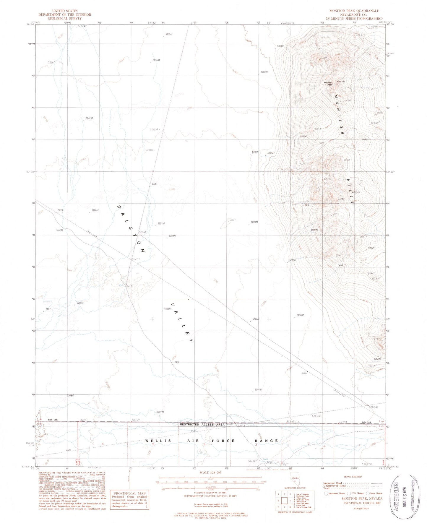 Classic USGS Monitor Peak Nevada 7.5'x7.5' Topo Map Image