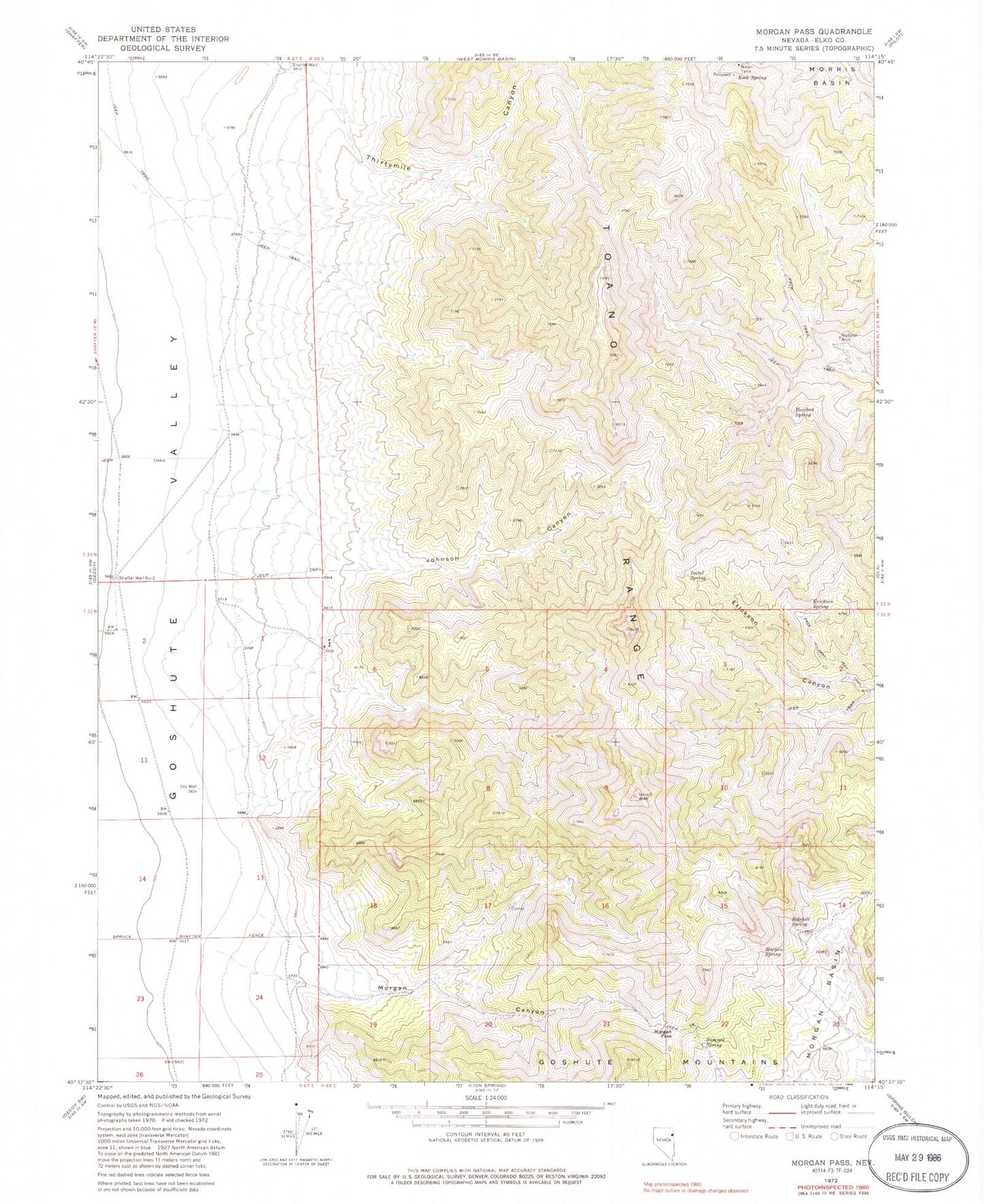 Classic USGS Morgan Pass Nevada 7.5'x7.5' Topo Map Image