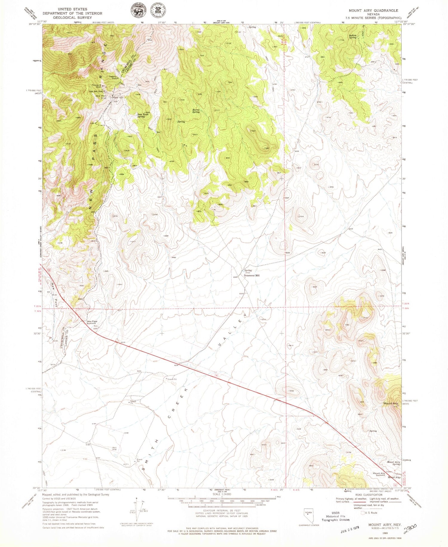 Classic USGS Mount Airy Nevada 7.5'x7.5' Topo Map Image