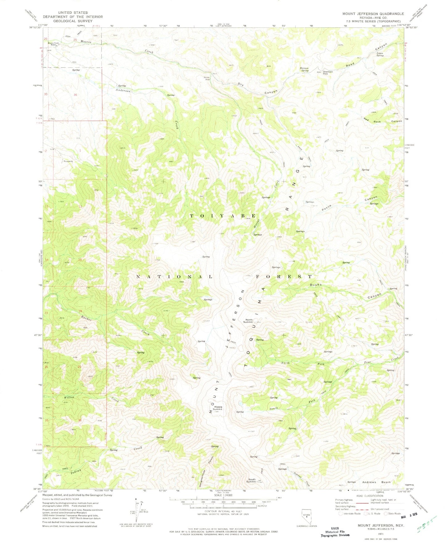 Classic USGS Mount Jefferson Nevada 7.5'x7.5' Topo Map Image