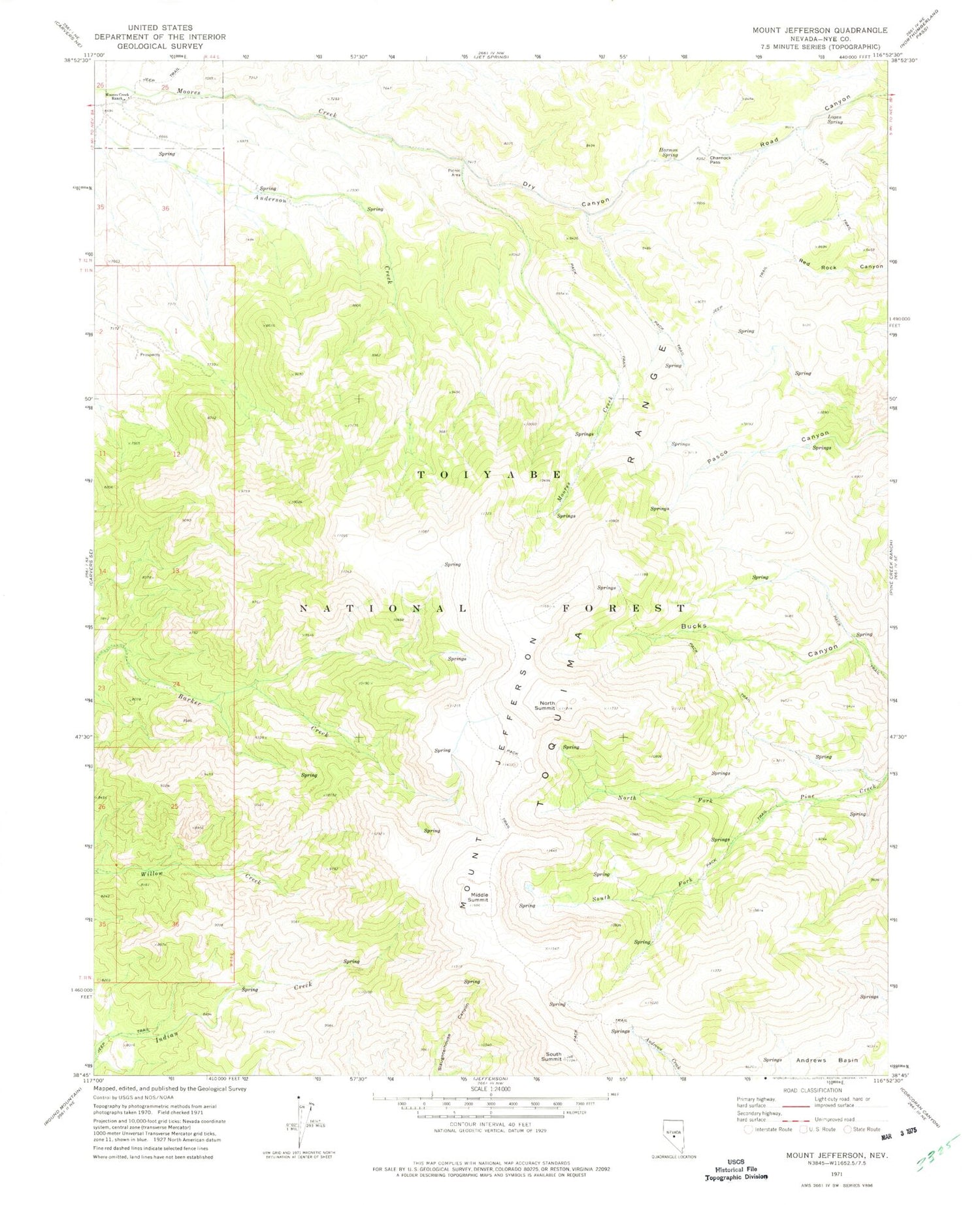 Classic USGS Mount Jefferson Nevada 7.5'x7.5' Topo Map Image