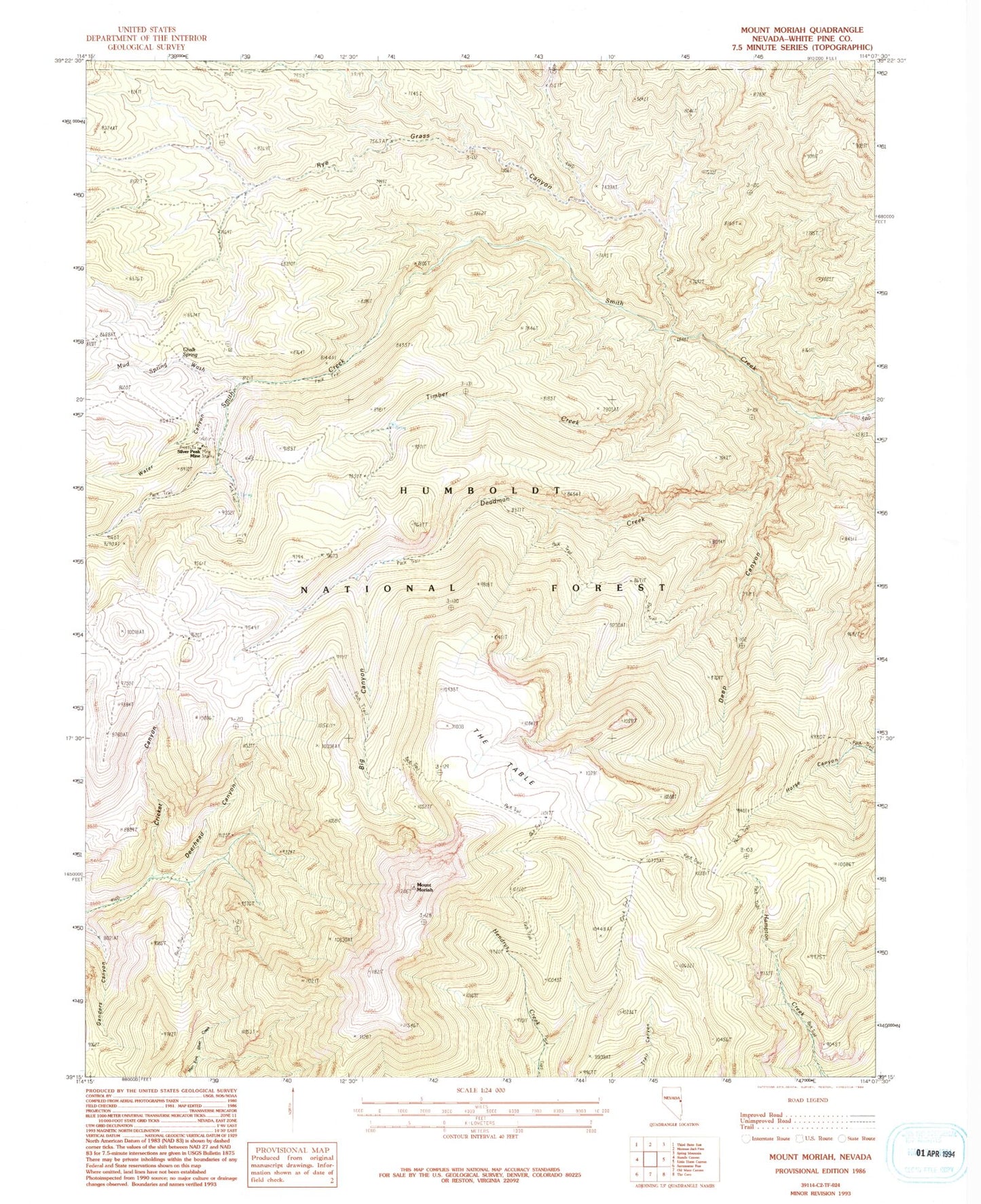 Classic USGS Mount Moriah Nevada 7.5'x7.5' Topo Map Image