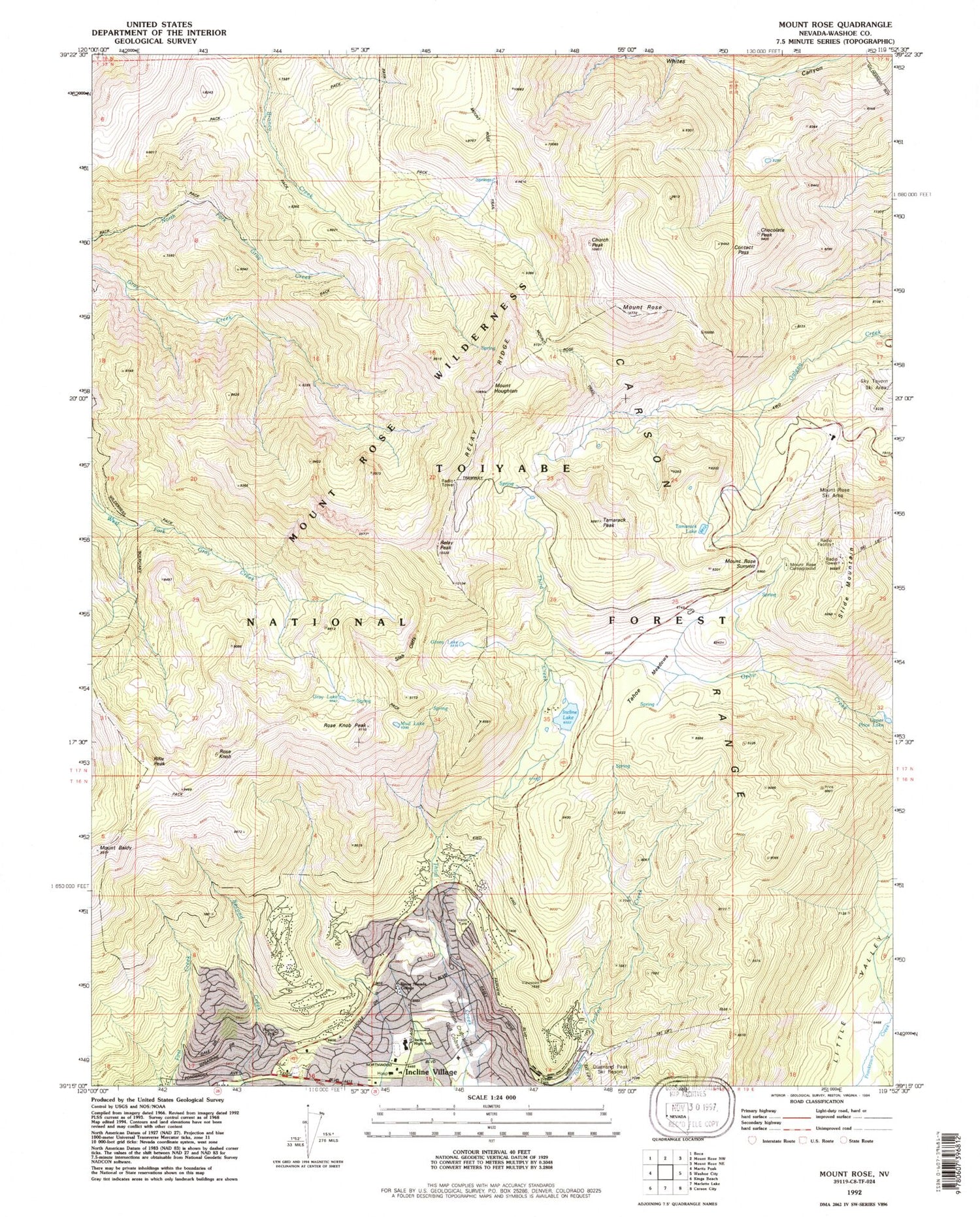 USGS Classic Mount Rose Nevada 7.5'x7.5' Topo Map Image
