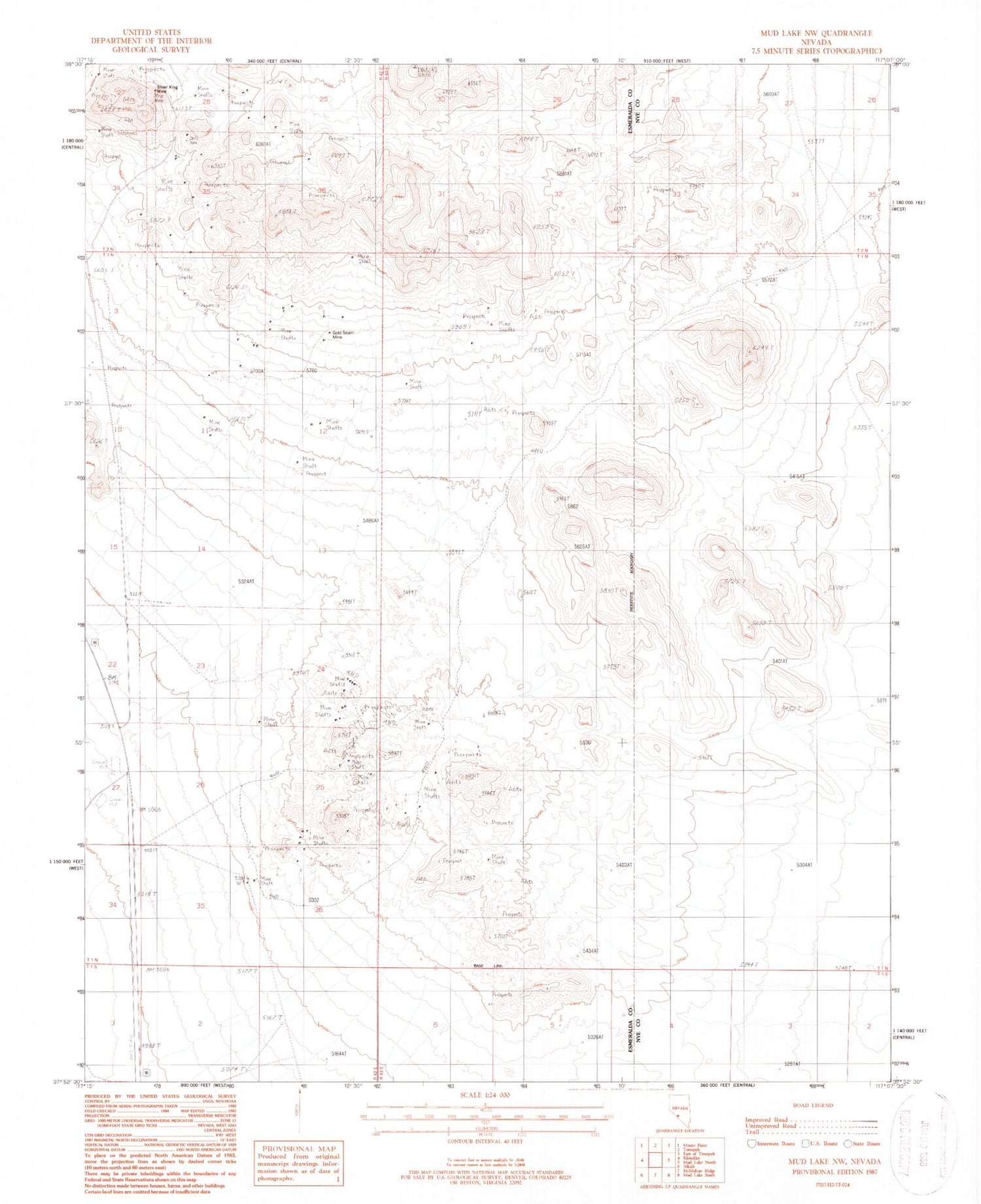 Classic USGS Mud Lake NW Nevada 7.5'x7.5' Topo Map Image