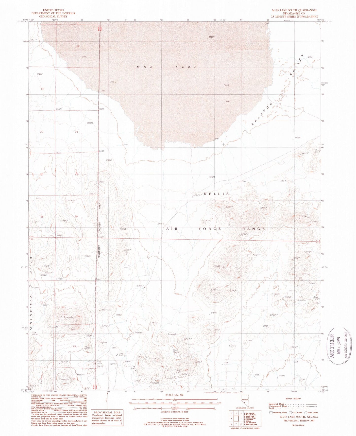 Classic USGS Mud Lake South Nevada 7.5'x7.5' Topo Map Image