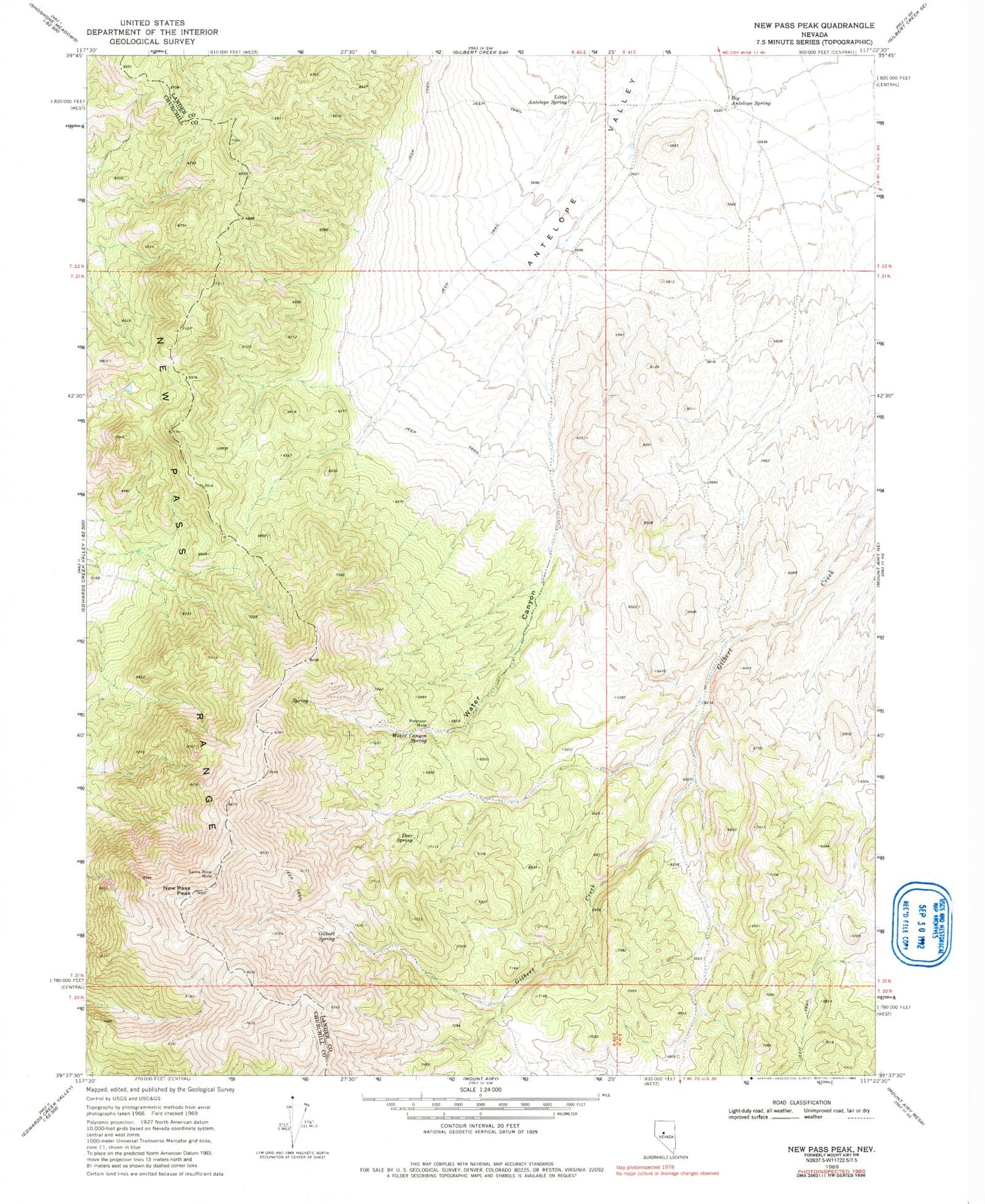 Classic USGS New Pass Peak Nevada 7.5'x7.5' Topo Map Image