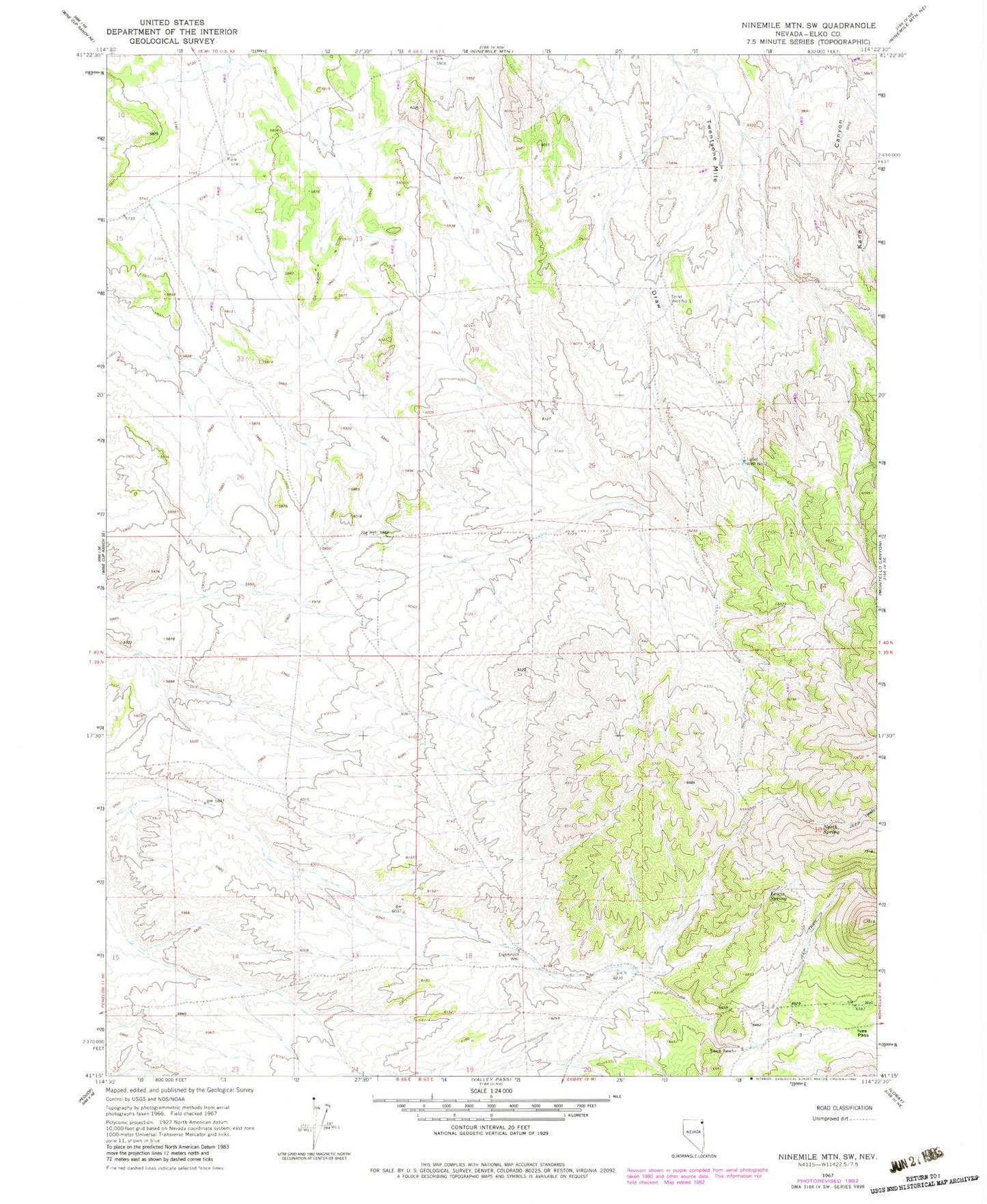 Classic USGS Ninemile Mountain SW Nevada 7.5'x7.5' Topo Map Image