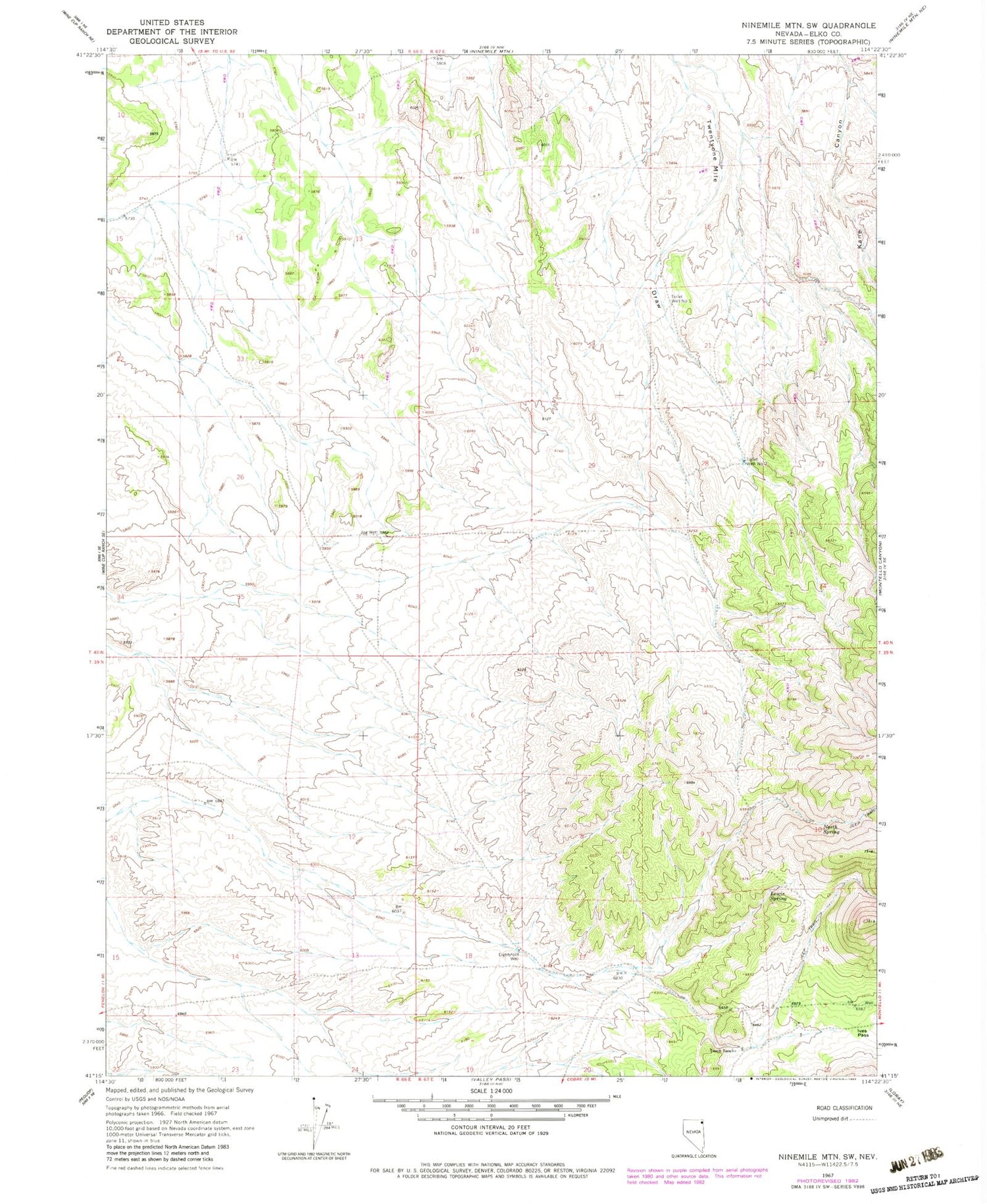 Classic USGS Ninemile Mountain SW Nevada 7.5'x7.5' Topo Map Image