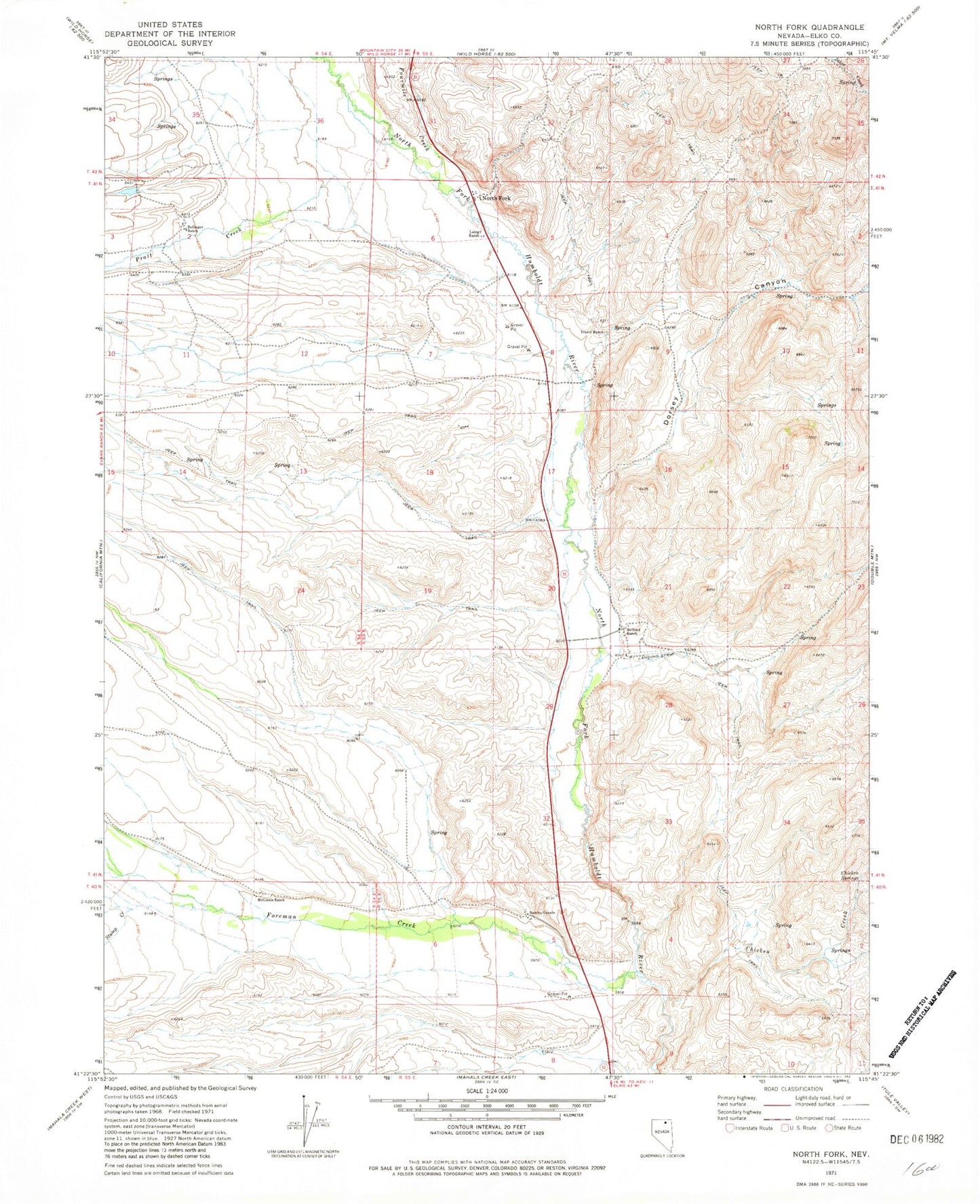 Classic USGS North Fork Nevada 7.5'x7.5' Topo Map Image