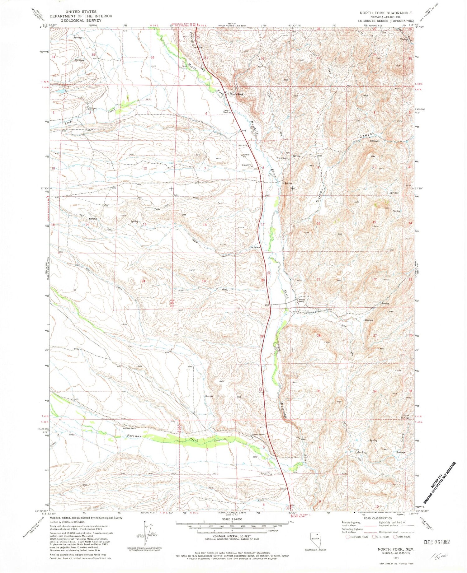 Classic USGS North Fork Nevada 7.5'x7.5' Topo Map Image