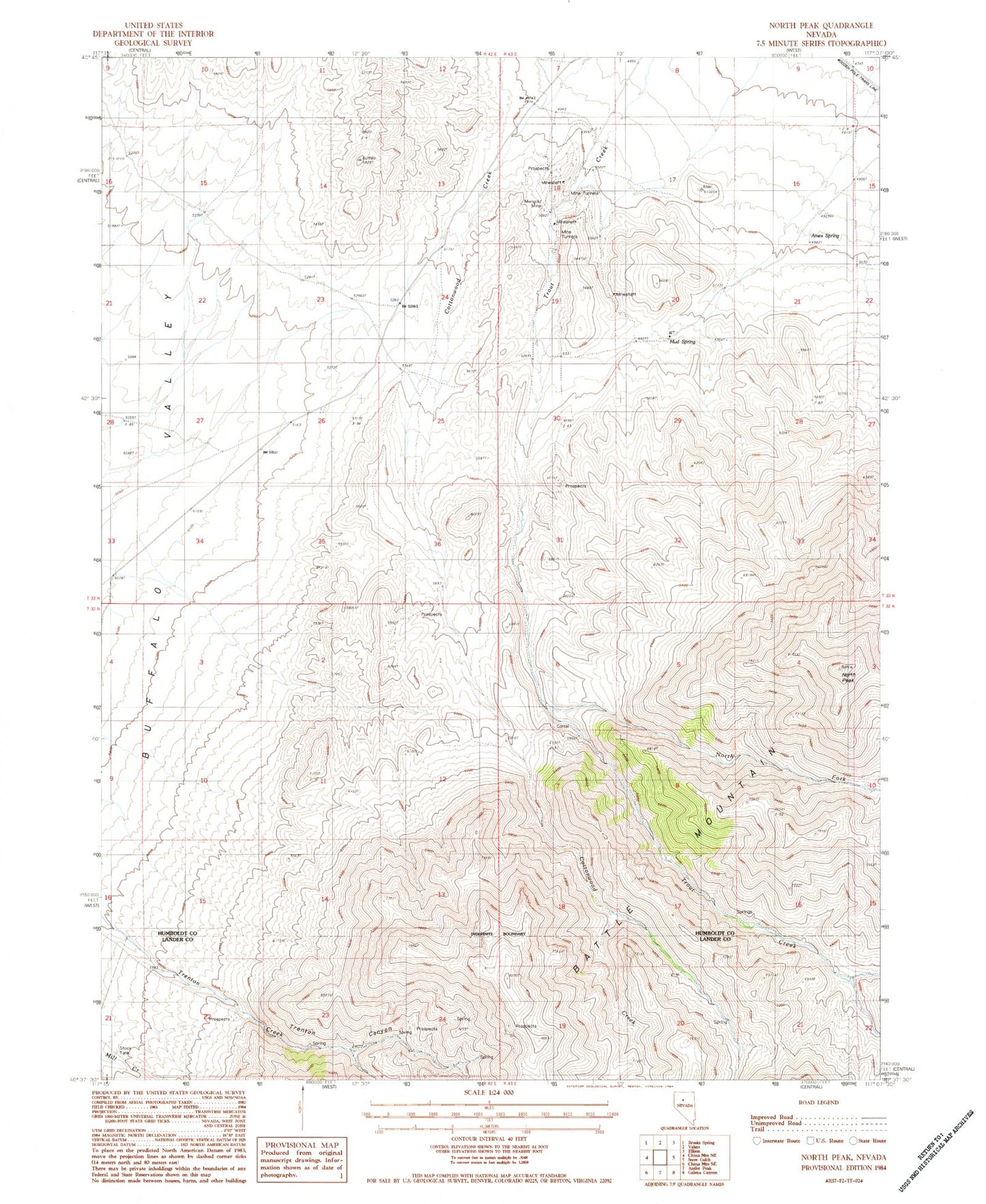 Classic USGS North Peak Nevada 7.5'x7.5' Topo Map Image