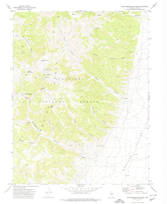 Classic USGS Northumberland Pass Nevada 7.5'x7.5' Topo Map Image