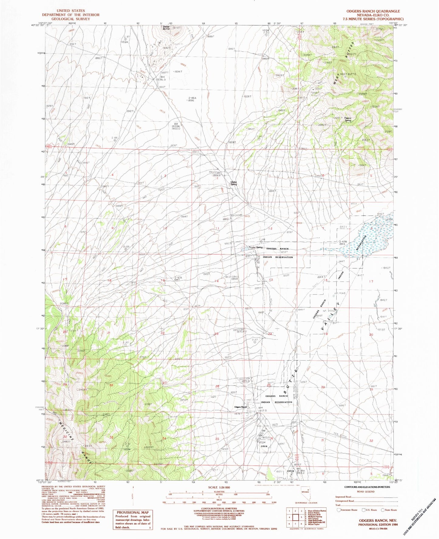 Classic USGS Odgers Ranch Nevada 7.5'x7.5' Topo Map Image