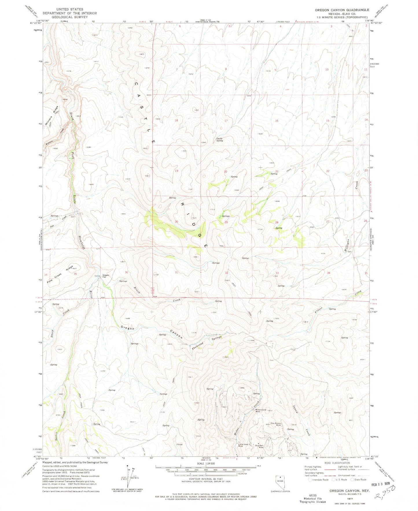 Classic USGS Oregon Canyon Nevada 7.5'x7.5' Topo Map Image