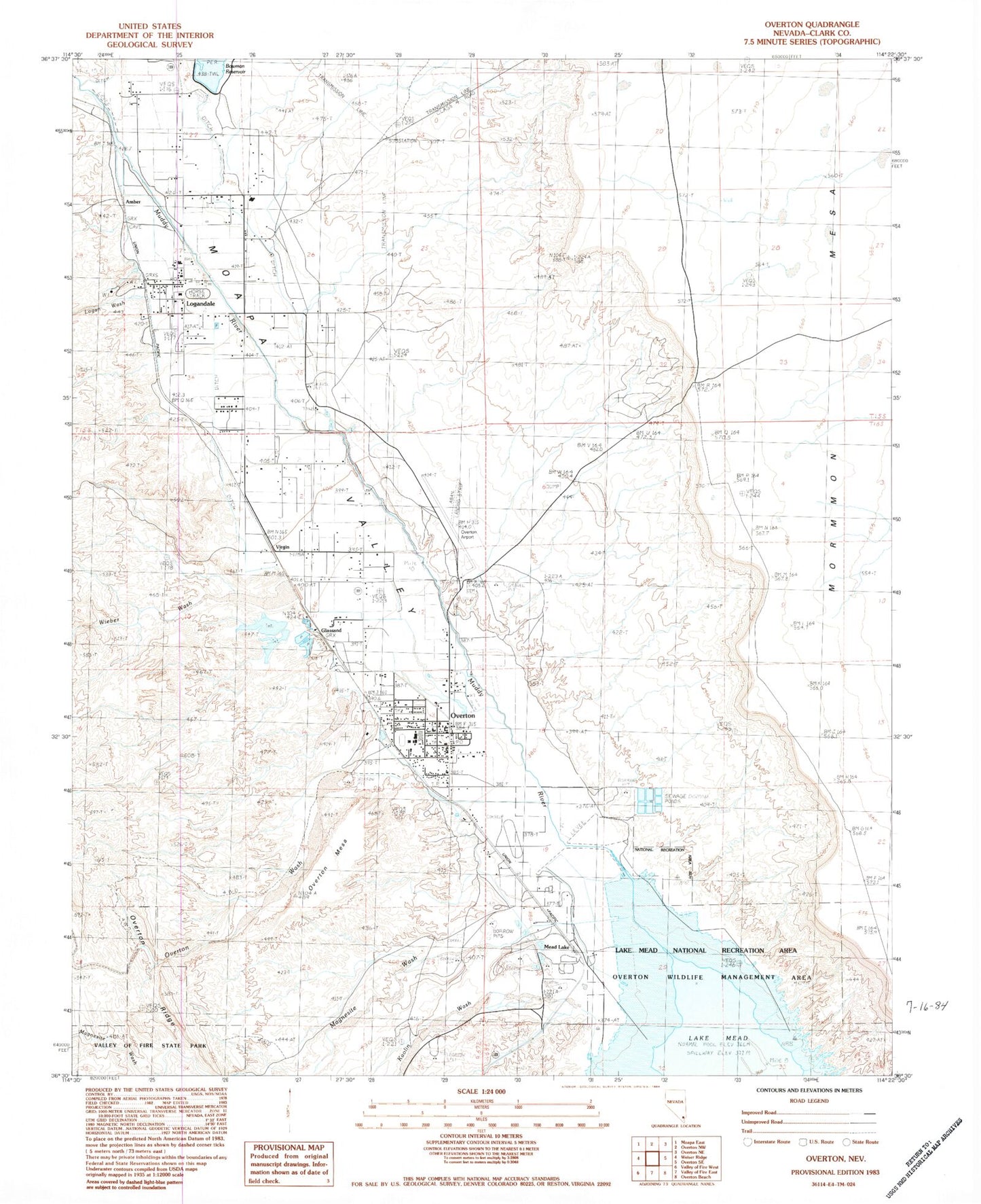 Classic USGS Overton Nevada 7.5'x7.5' Topo Map Image