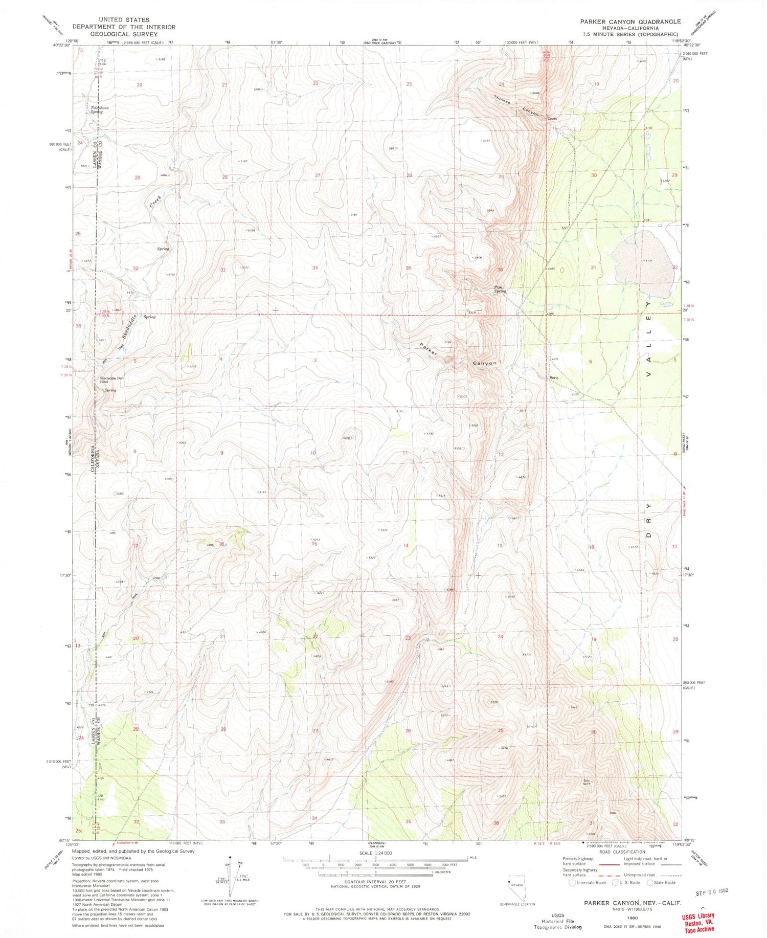 Classic USGS Parker Canyon Nevada 7.5'x7.5' Topo Map Image