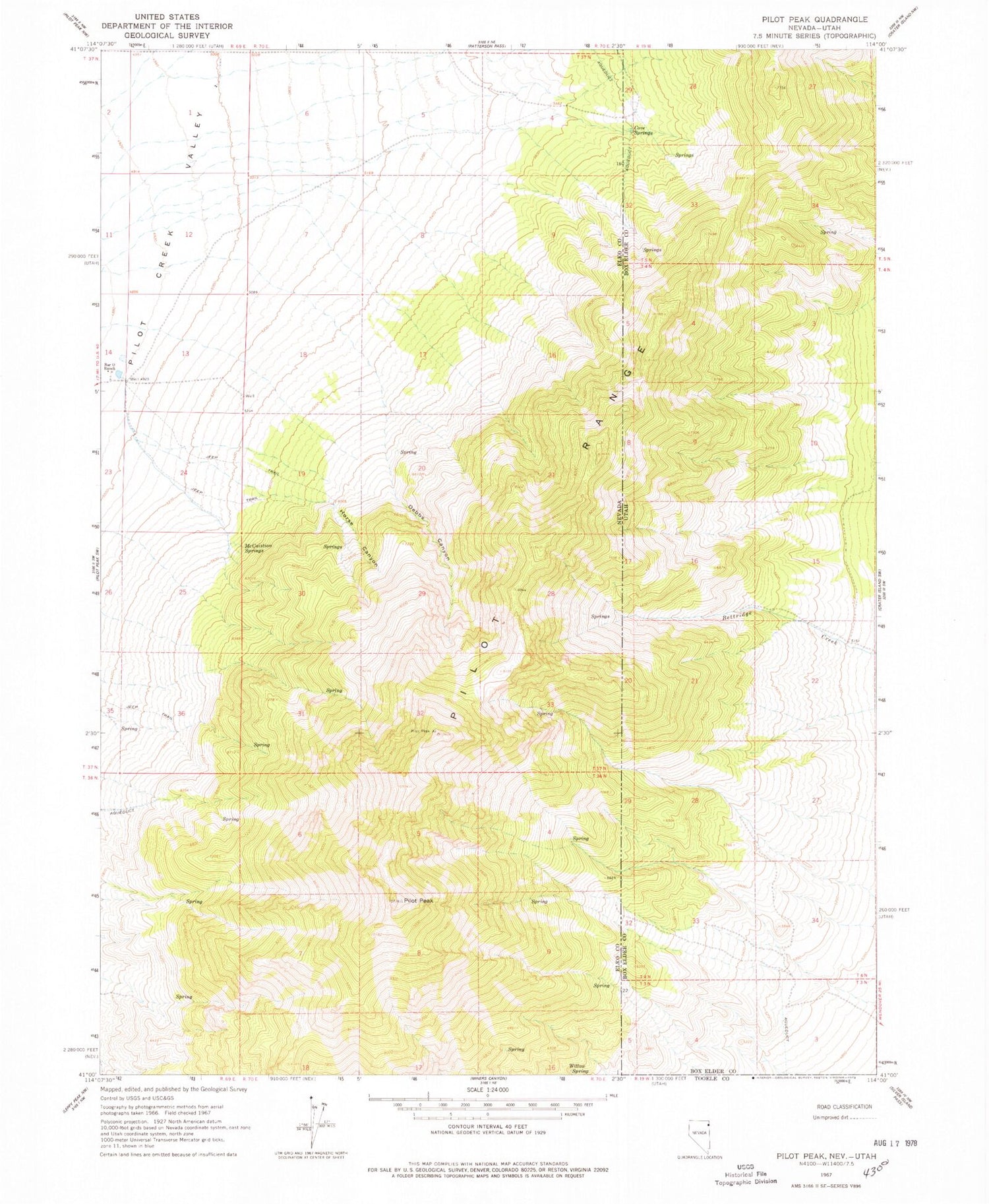 Classic USGS Pilot Peak Nevada 7.5'x7.5' Topo Map Image