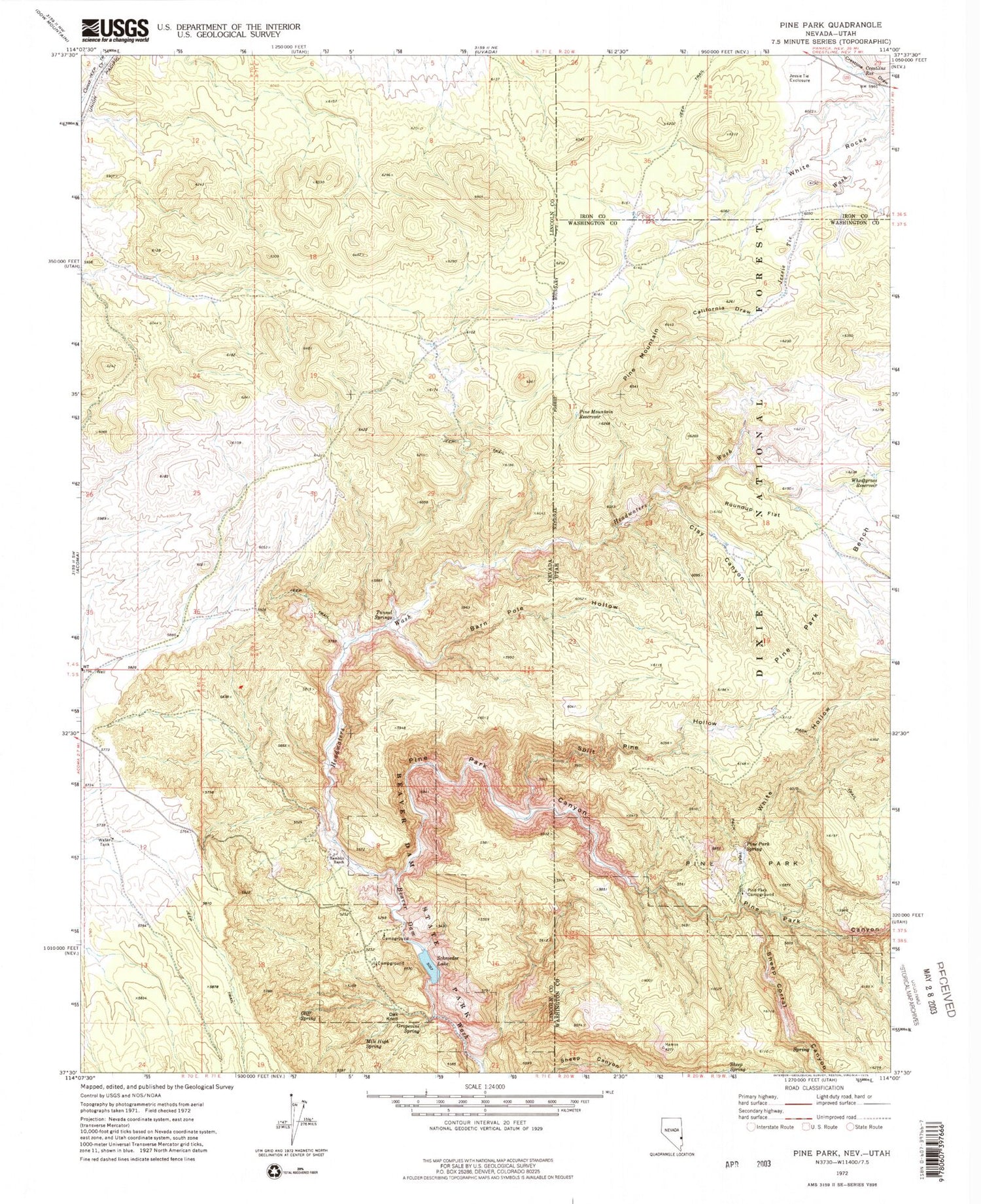 Classic USGS Pine Park Utah 7.5'x7.5' Topo Map Image
