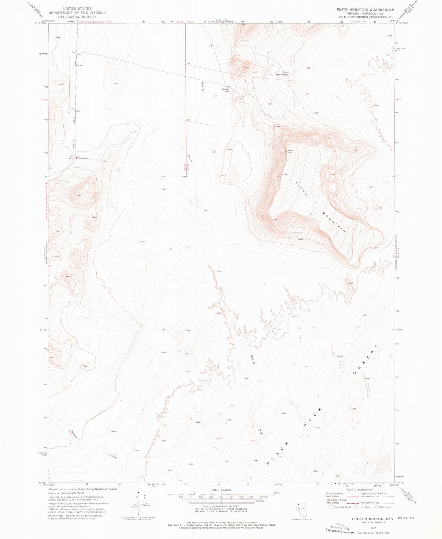 Classic USGS Pinto Mountain Nevada 7.5'x7.5' Topo Map Image