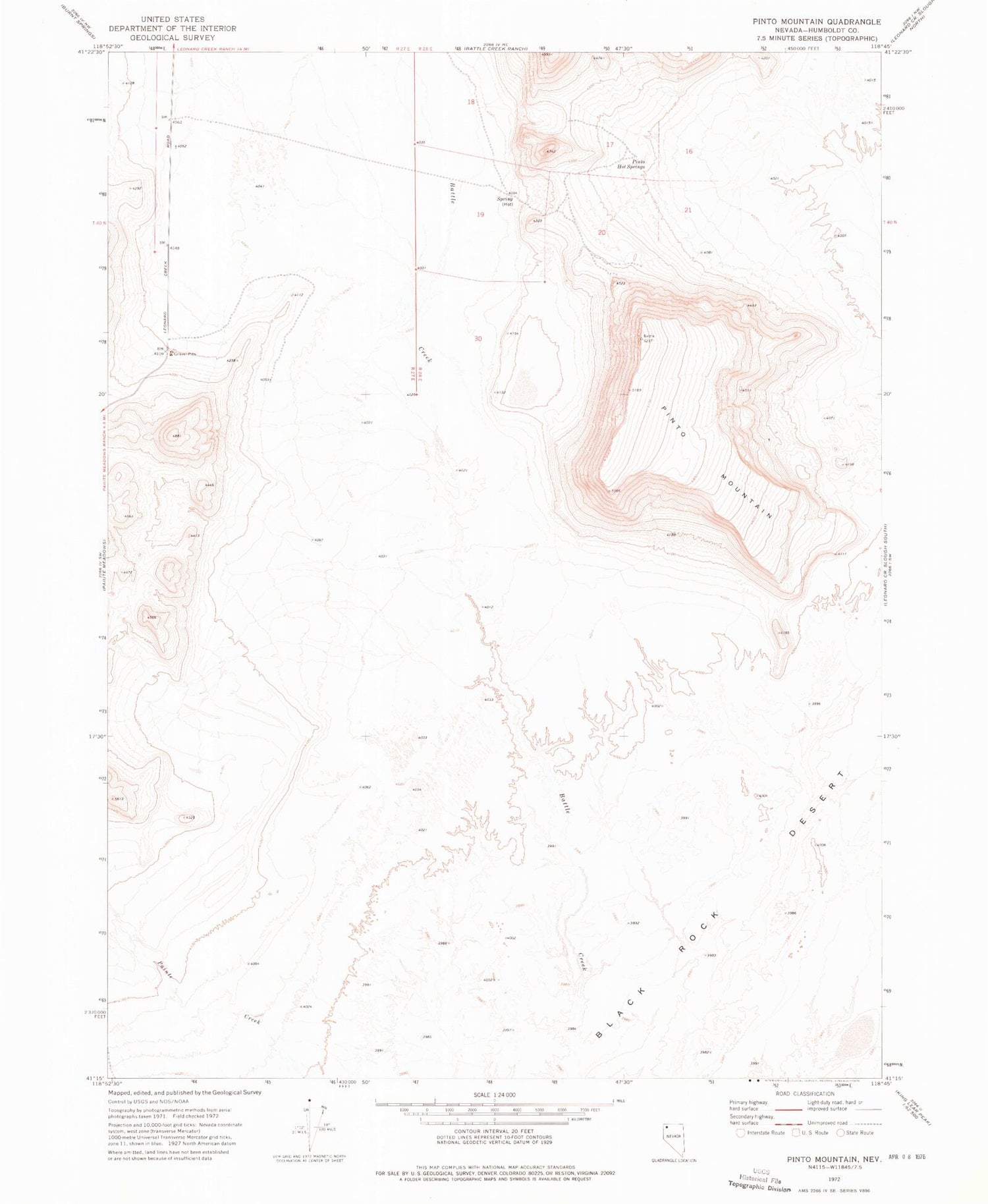 Classic USGS Pinto Mountain Nevada 7.5'x7.5' Topo Map Image