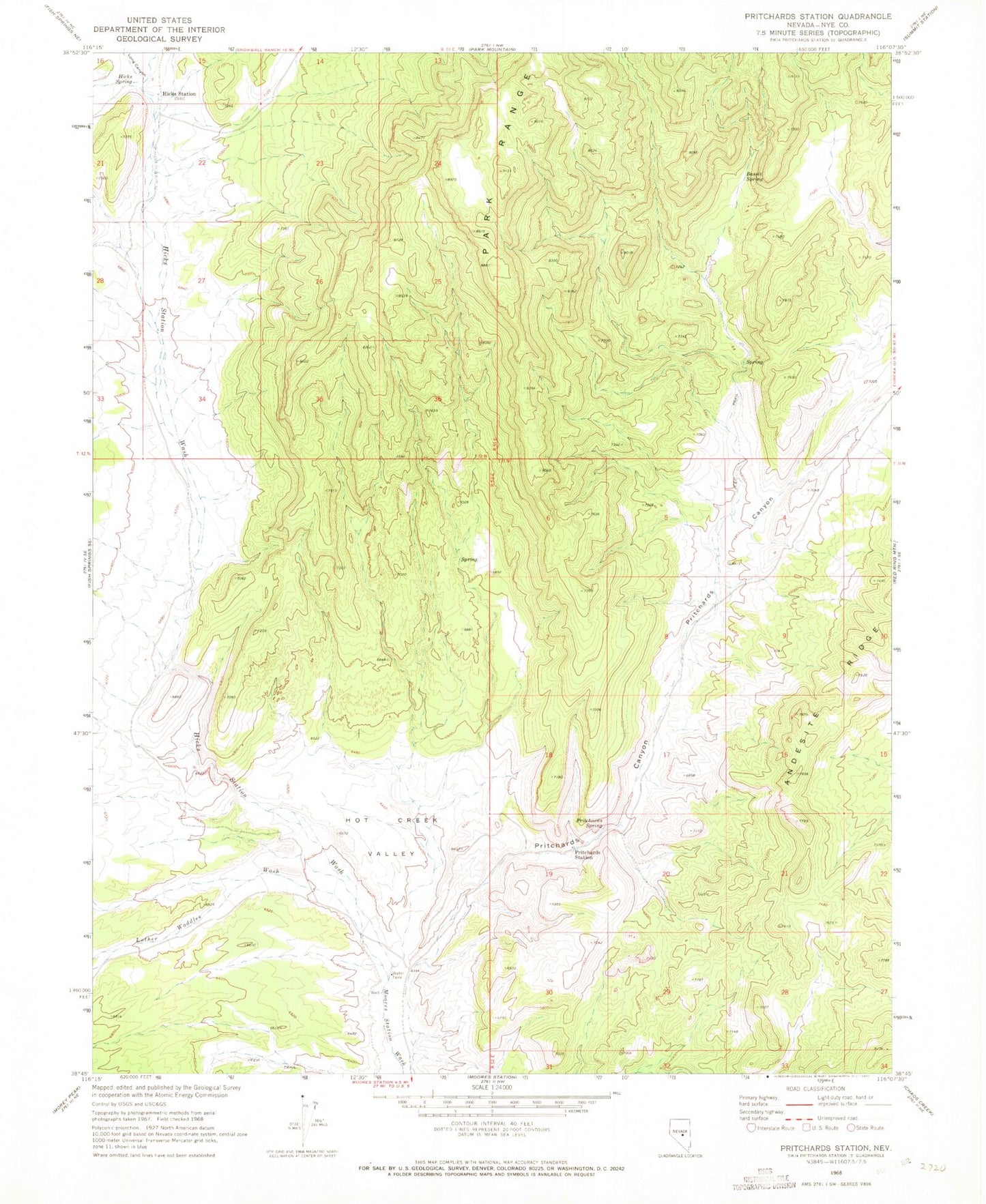 Classic USGS Pritchards Station Nevada 7.5'x7.5' Topo Map Image