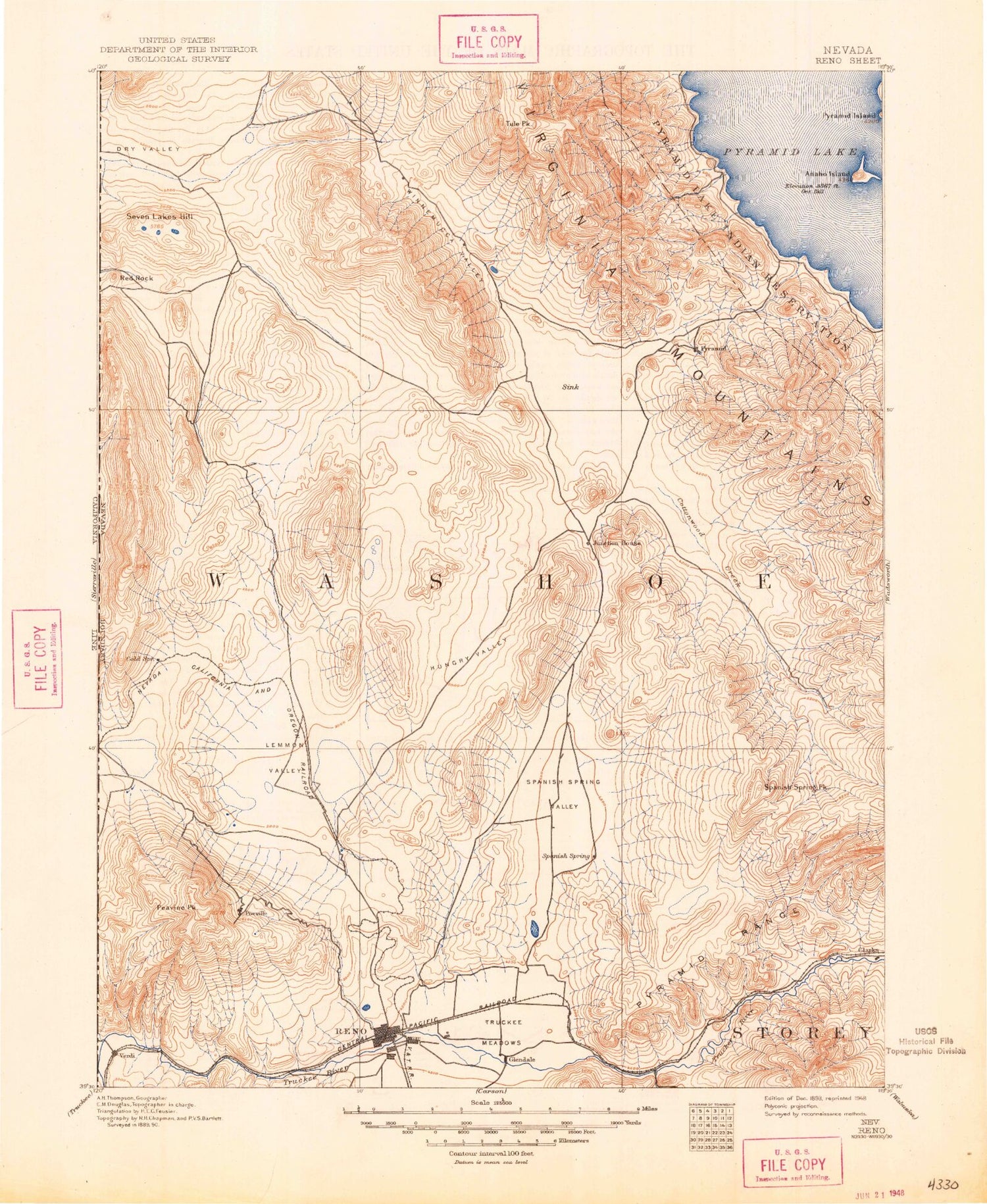 Historic 1893 Reno Nevada 30'x30' Topo Map Image