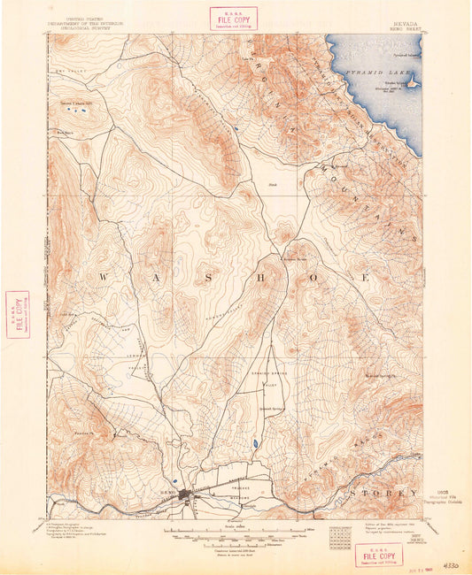 Historic 1893 Reno Nevada 30'x30' Topo Map Image
